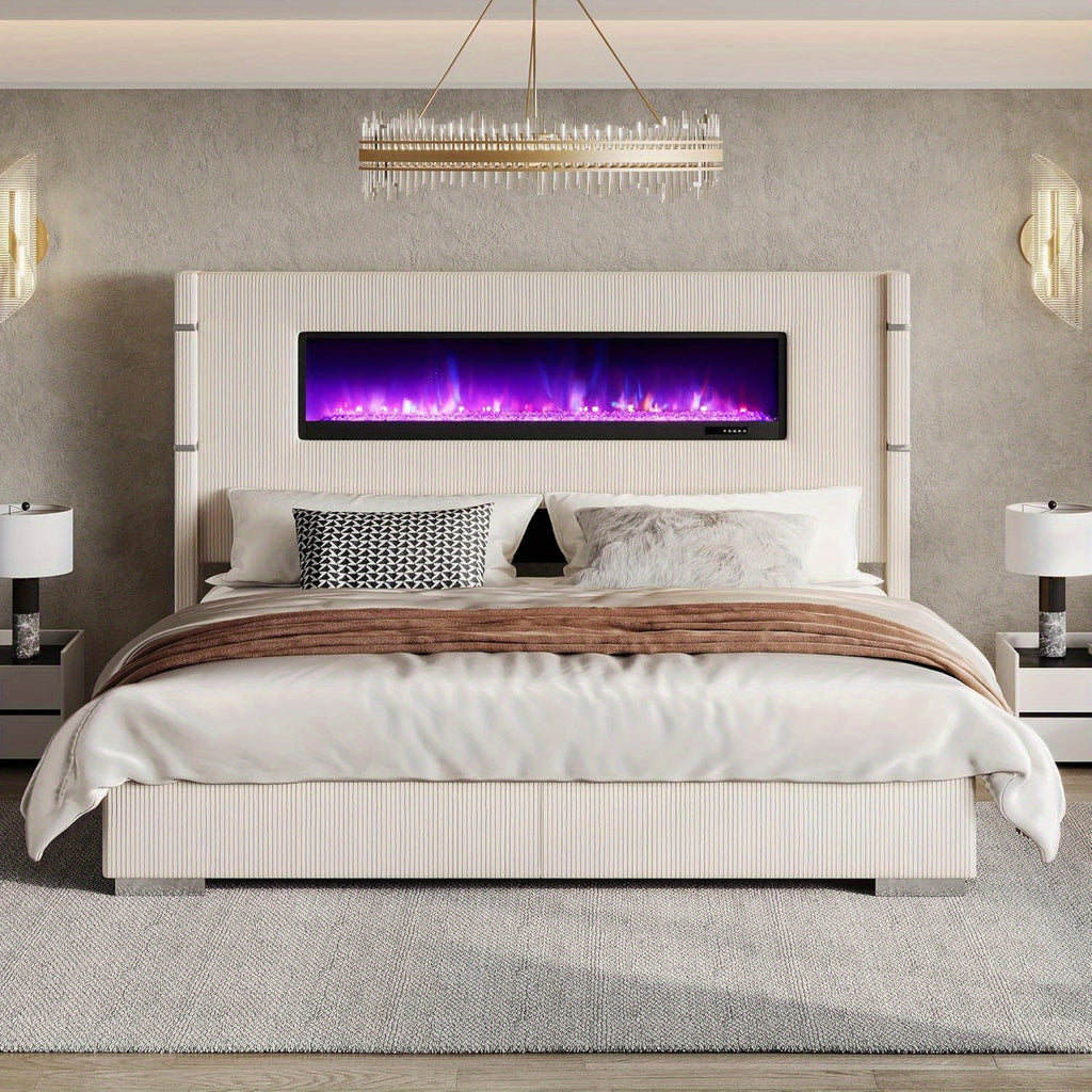 Contemporary Wingback Bed Frame with Integrated Fireplace