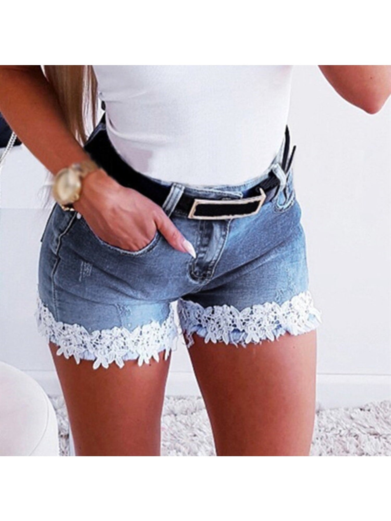 Lace Trim High Waist Denim Shorts