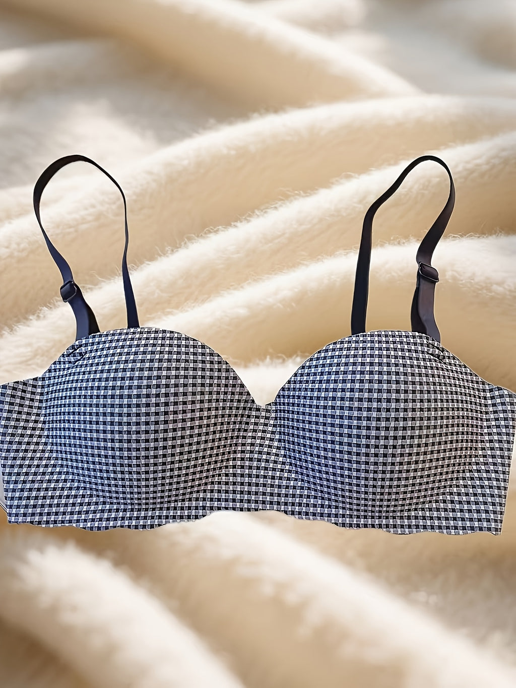 3pcs Women'S Houndstooth Checkered Underwire-Free Bras - High Support Backless Design with Adjustable Thin Strap, Breathable Non-Removable Padding & Soft Stretch Fabric - Everyday Comfort for Casual & Wear (Pink/Blue/Black) -
