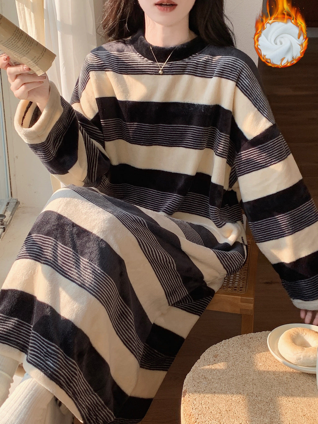 Stripe Print Casual Fleece Sleepwear Dress