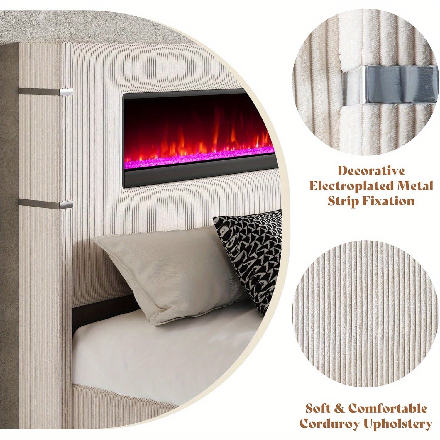 Contemporary Wingback Bed Frame with Integrated Fireplace