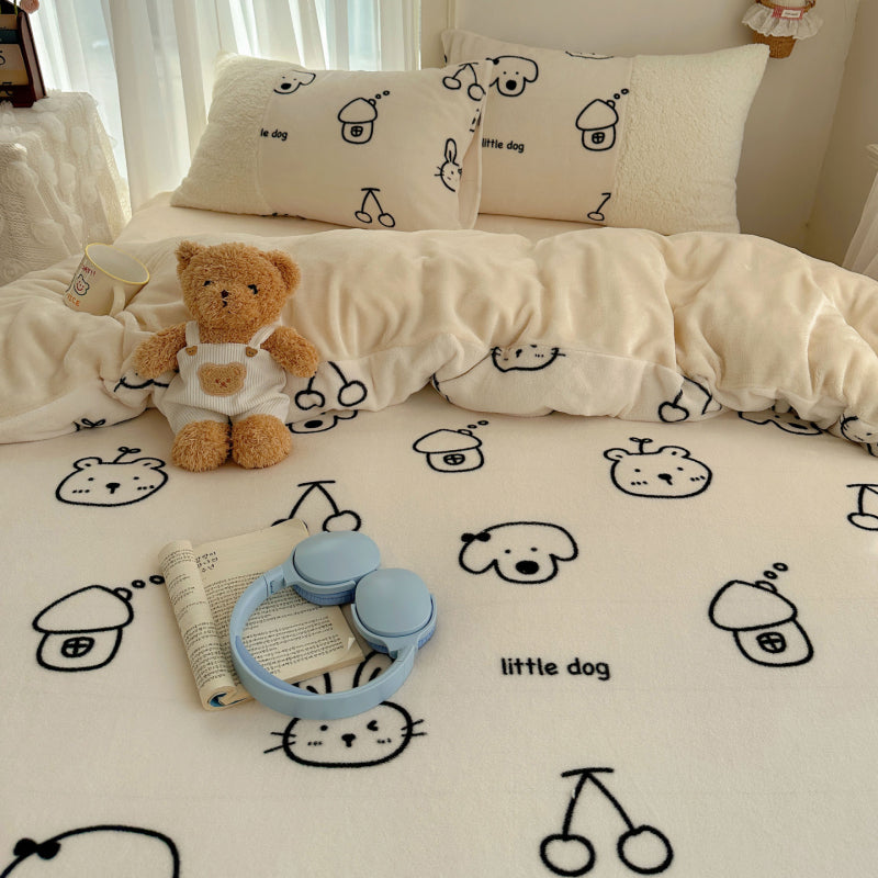 {3/4pcs} Cartoon Lambskin + Milk Velvet Set