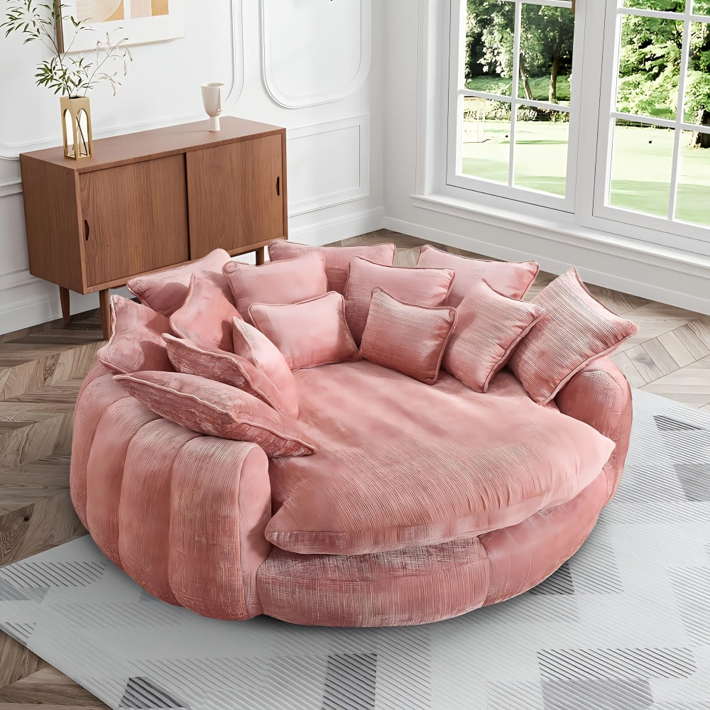81" Upholstered Chenille Round Sofa Bed with Plush Fluffy Cushion