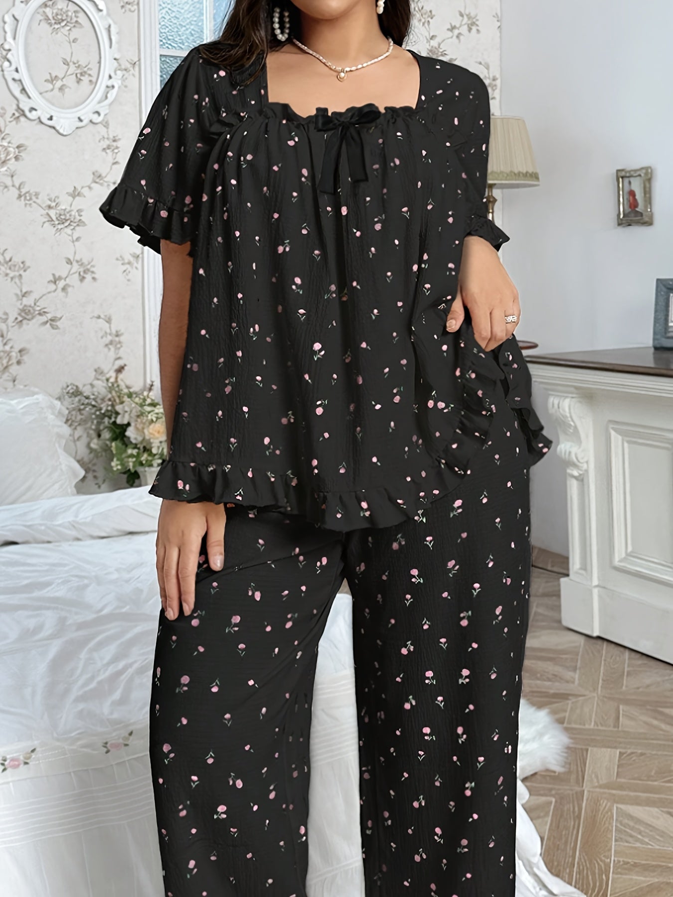 Casual Loose Floral Print Square Neck Bow Decor Pleated Hem Ruffle Edge Short Sleeve Top Set