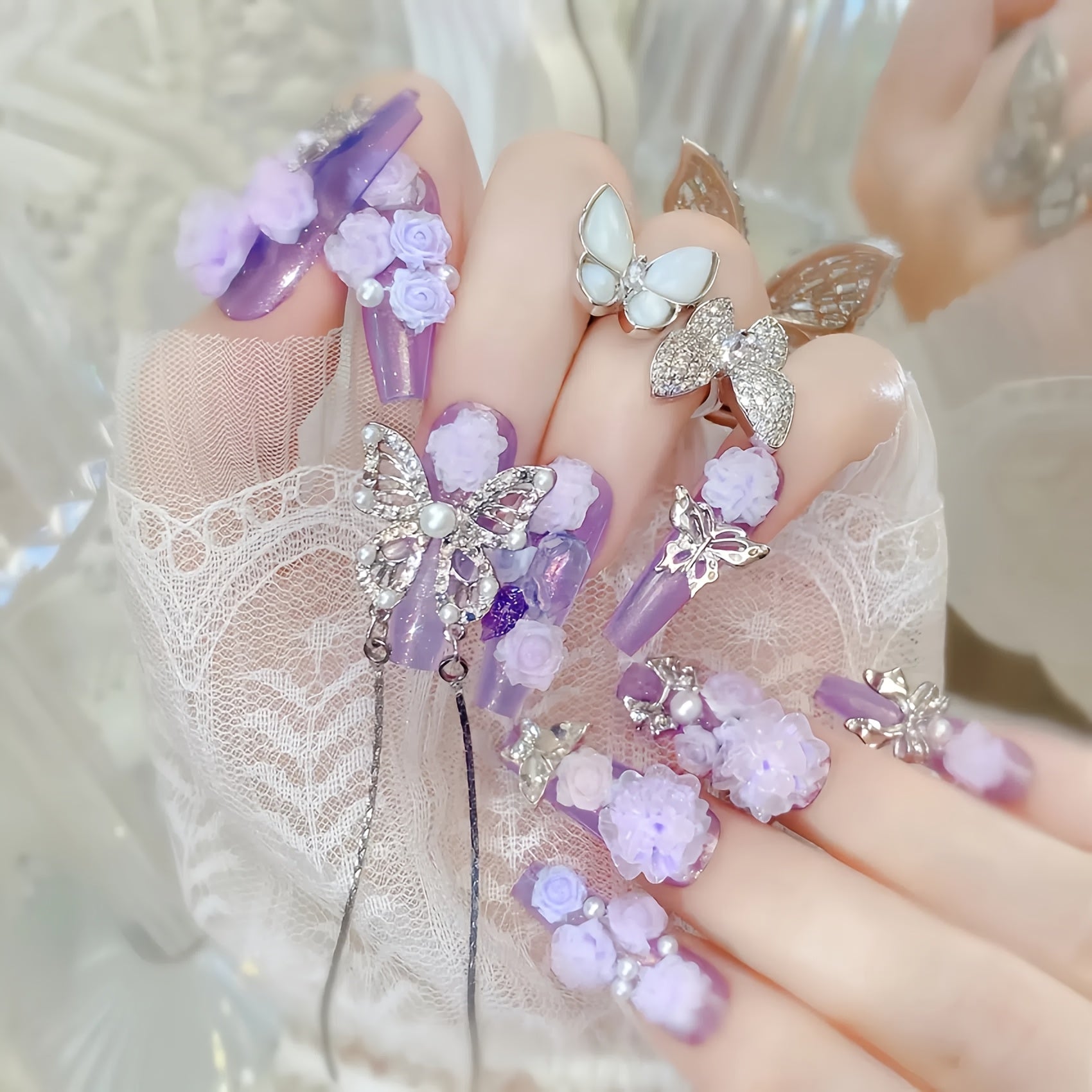 24pcs. (10 Handmade Luxurious Spring Collection 3D Silvery Butterflies and Purple Flowers with Long Ballet Flats for Women and s, Suitable for Travel, Parties, Proms, Festivals; Reusable and Easy to Remove