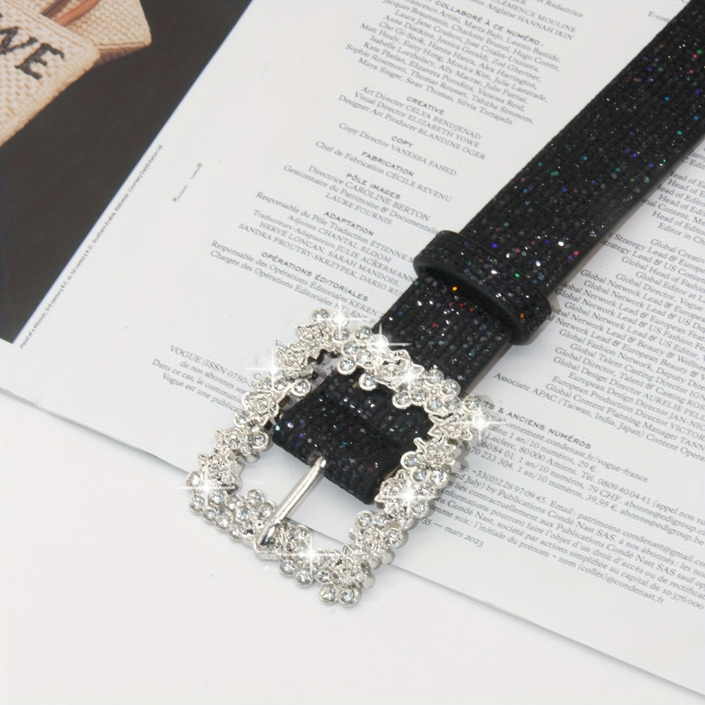 Rhinestone PU Leather Belt with Metallic Buckle