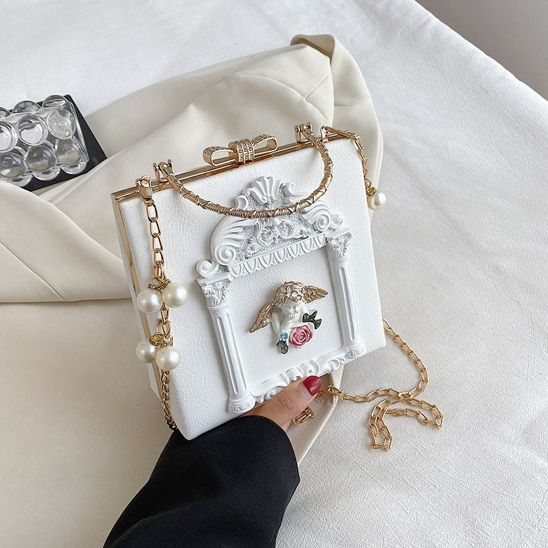 Women'S Baroque Relief Angel & Floral Handbag - Vintage Ornate Chain Strap Shoulder Bag with Golden-Tone Hardware, Wrist Strap & Snap Closure, Durable Polyester in - Elegant Statement Piece for Everyday & Special Occasions