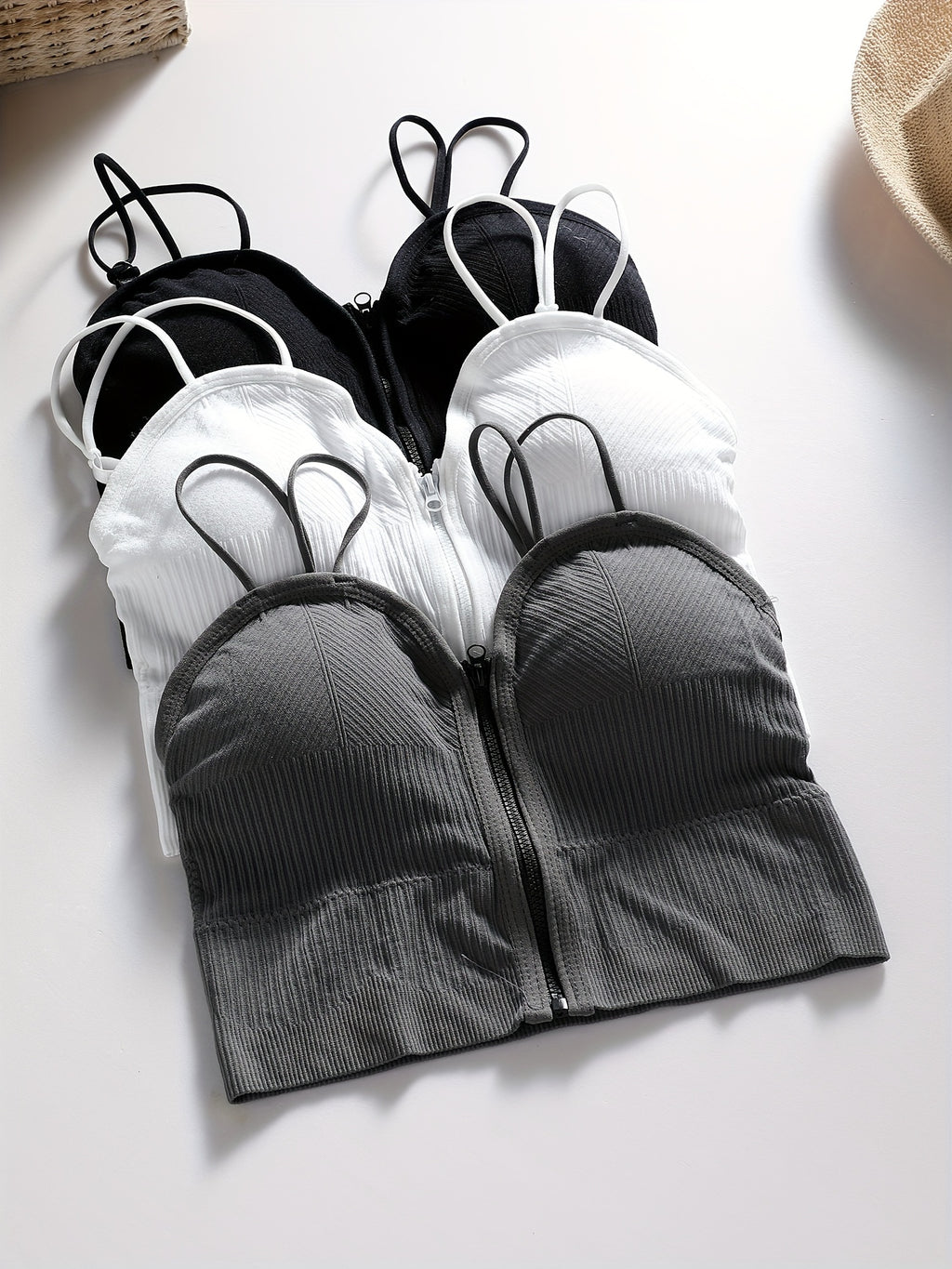 {3pcs} Basic Front-Zip Round Cup Casual Cami Tank Tops