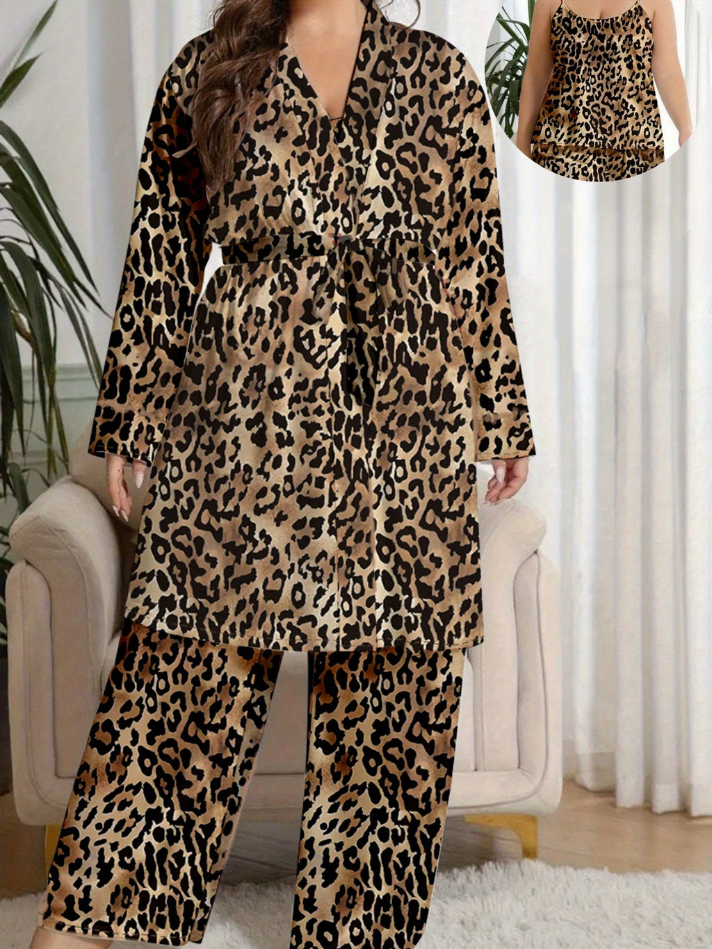 Leopard Print Pajama Set with Robe and Pants