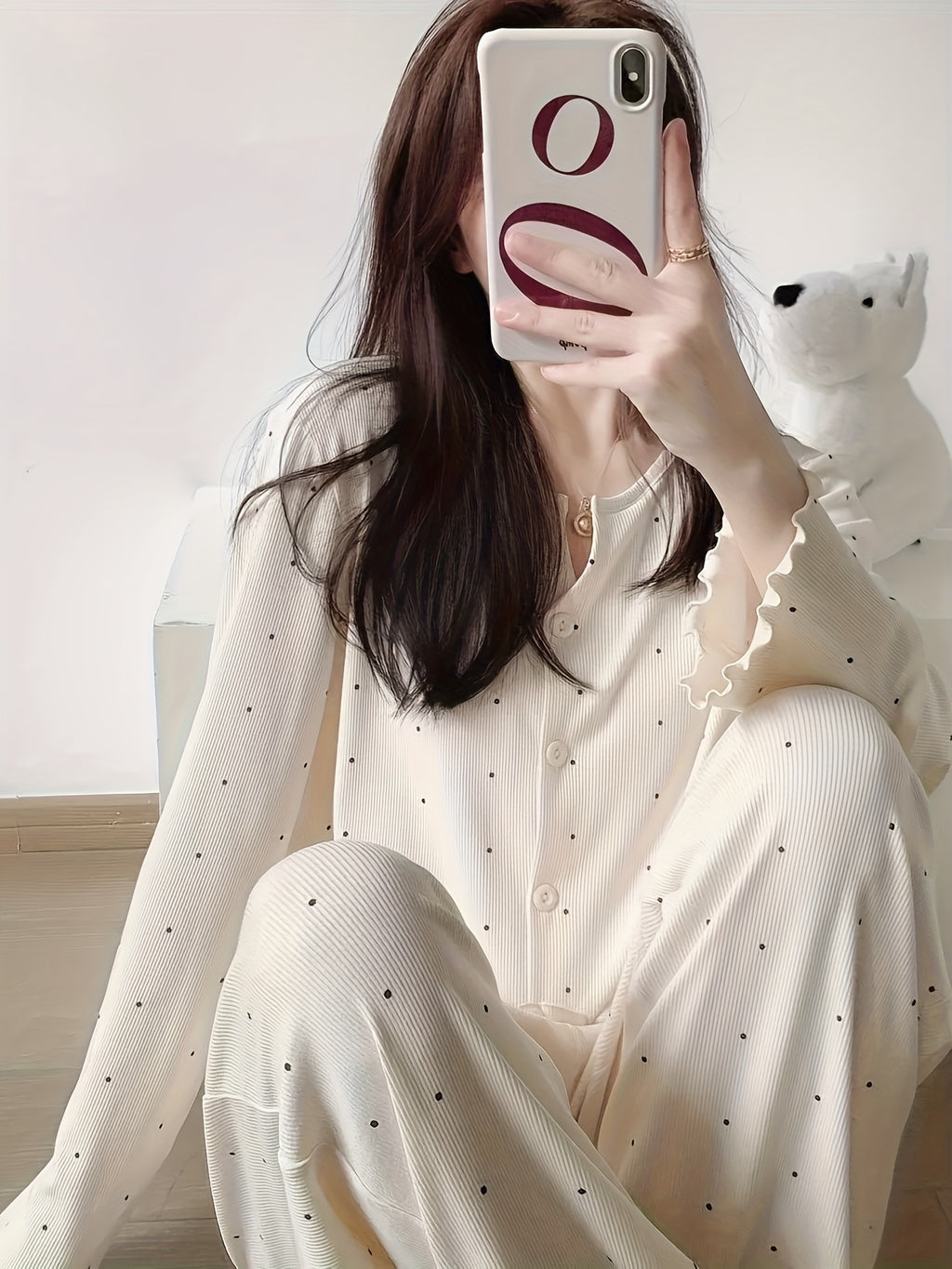 Round Neck Sweet V-Neck Cardigan Long Sleeve Pants Floral Bow Polka Dot Loose Comfortable Pajama Two-Piece Set
