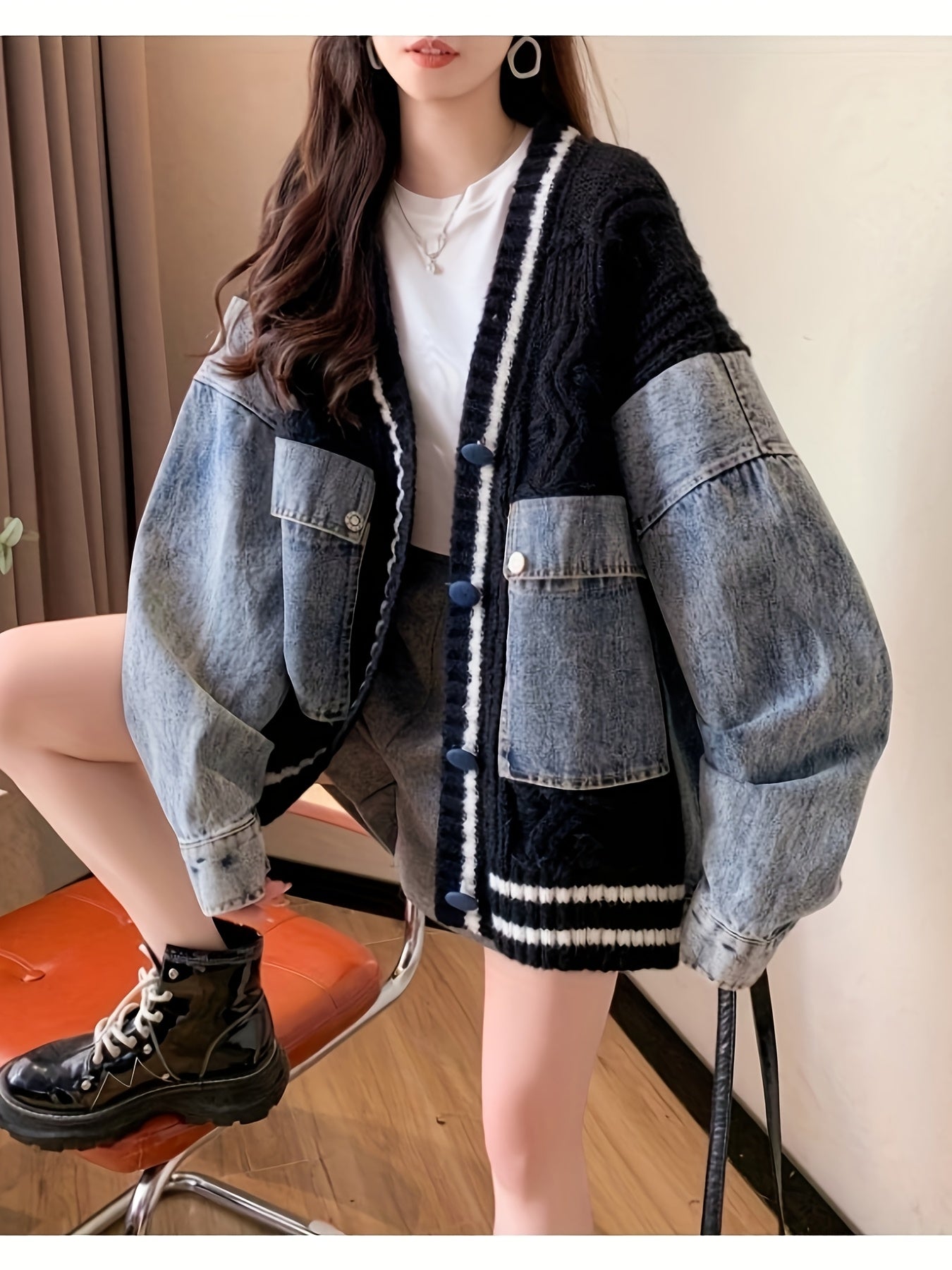 Oversized Light Gray & Blue Contrast Batwing Cardigan