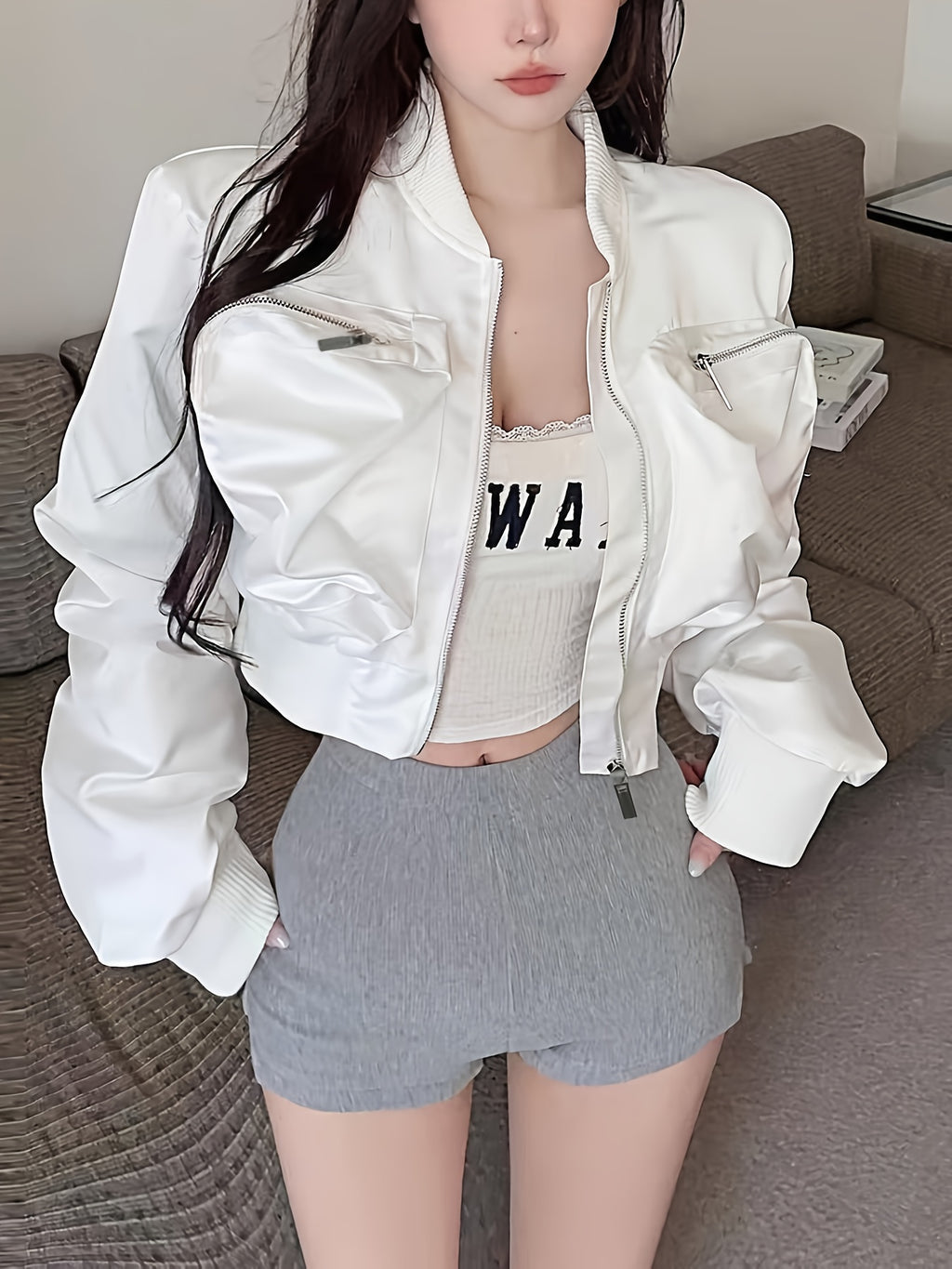 [Full-Zip Jacket] Women's Sexy Crop Jacket with Full-Zip Front Closure - White Oversized Fit & Full-Zip Back - Casual to Formal Outerwear - All-Season Short Coat (Machine Washable) - Full-Zip Jacket for Women - Chic Layering