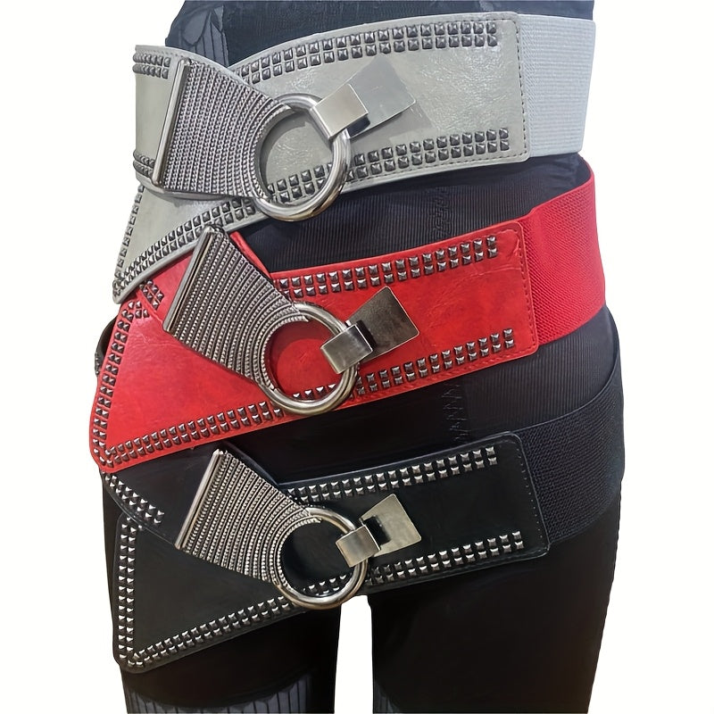 2025 New Vintage Bohemian Rivet-Embellished Elastic Wide Belts | Unisex, Fashionable Loose Fit, Faux Leather, Ferroalloy Buckle, Red Color