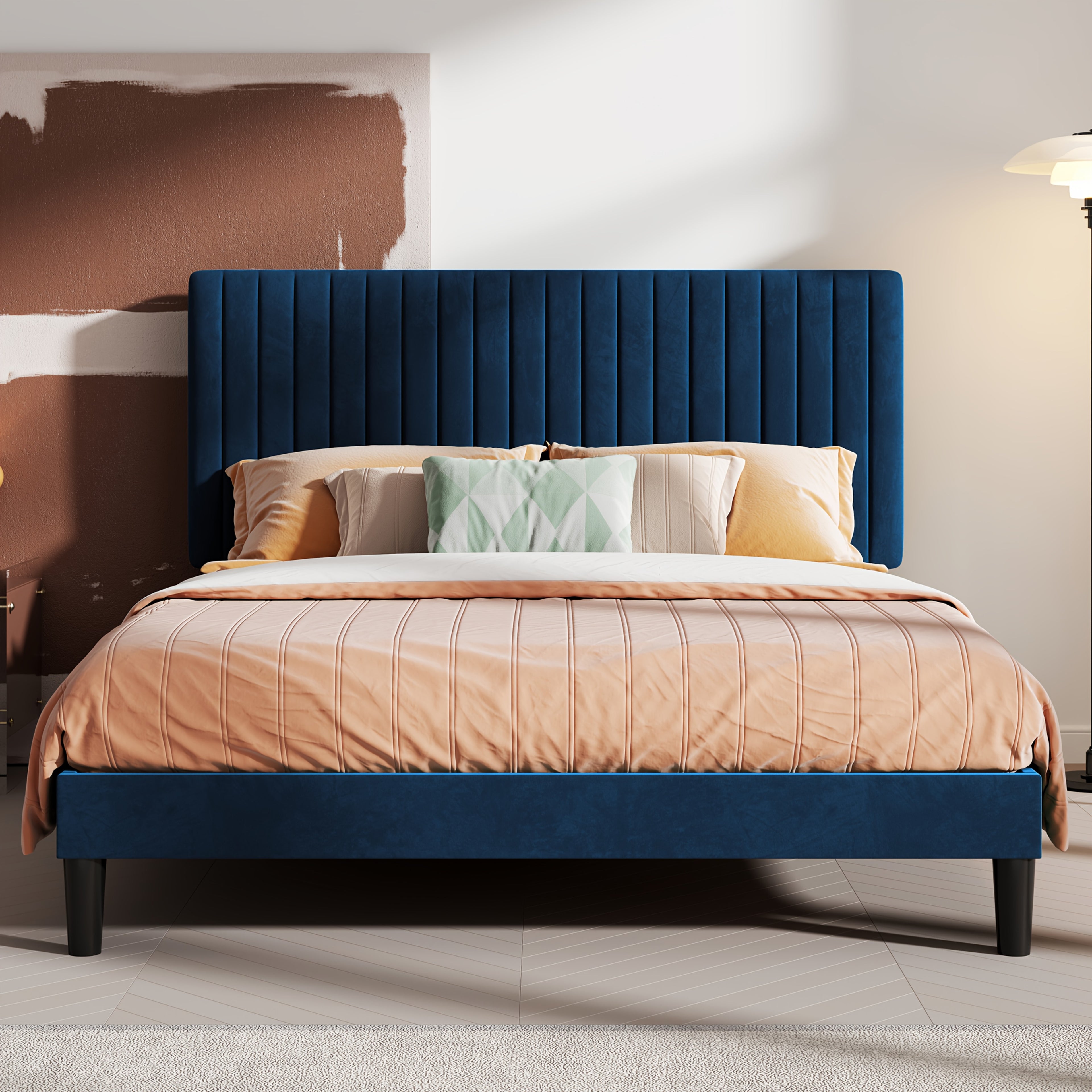 Modern Velvet Upholstered Bed Frame with Adjustable Headboard