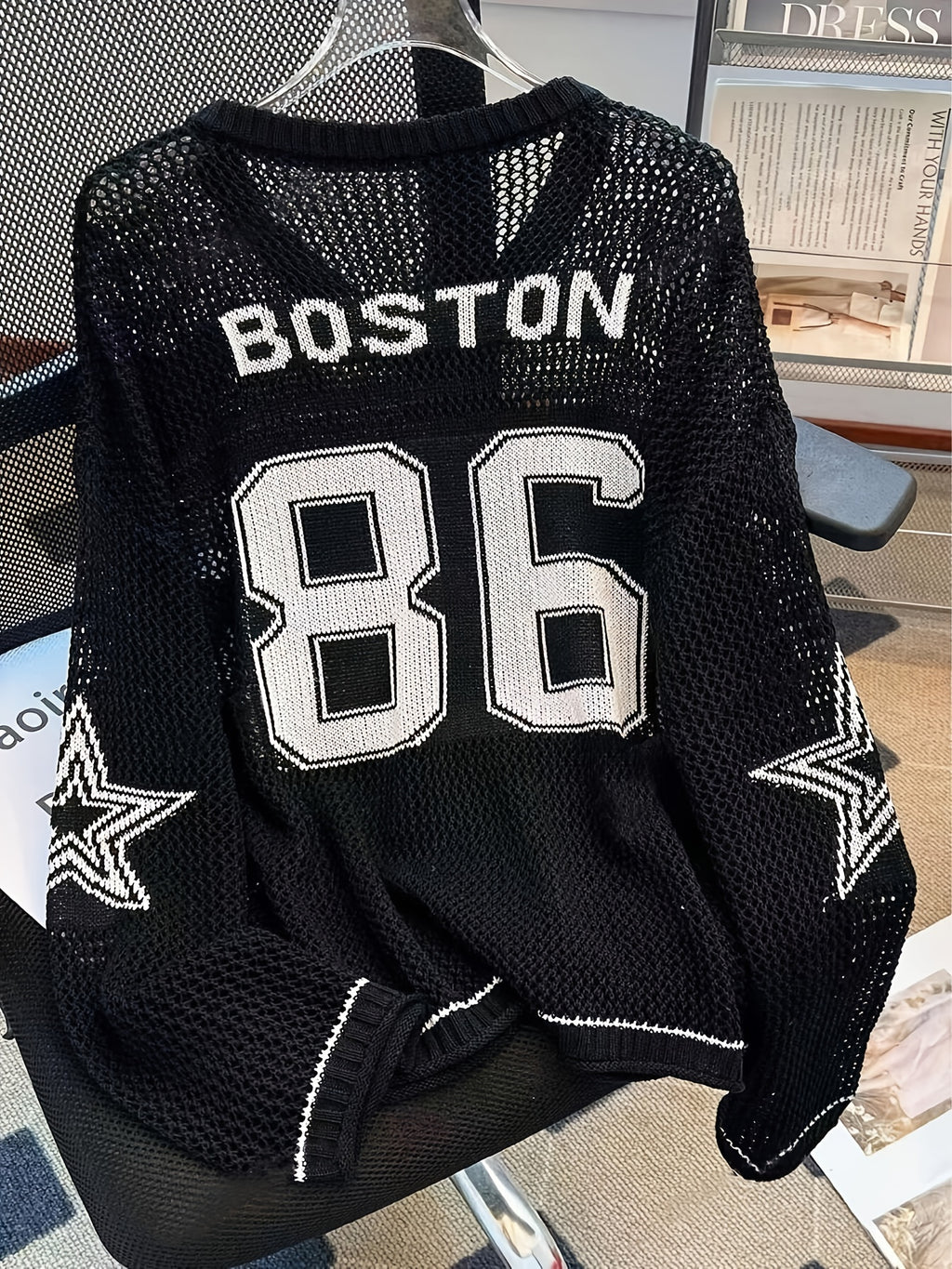 Women's Y2K Top - V-Neck Long Sleeve Mesh Blouse with 86 & Star Cut-Out Design, Breathable Black/White Contrast for Spring/Summer Casual Outfits, Cute Blouse, Versatile Clothing, Contrast Color Design