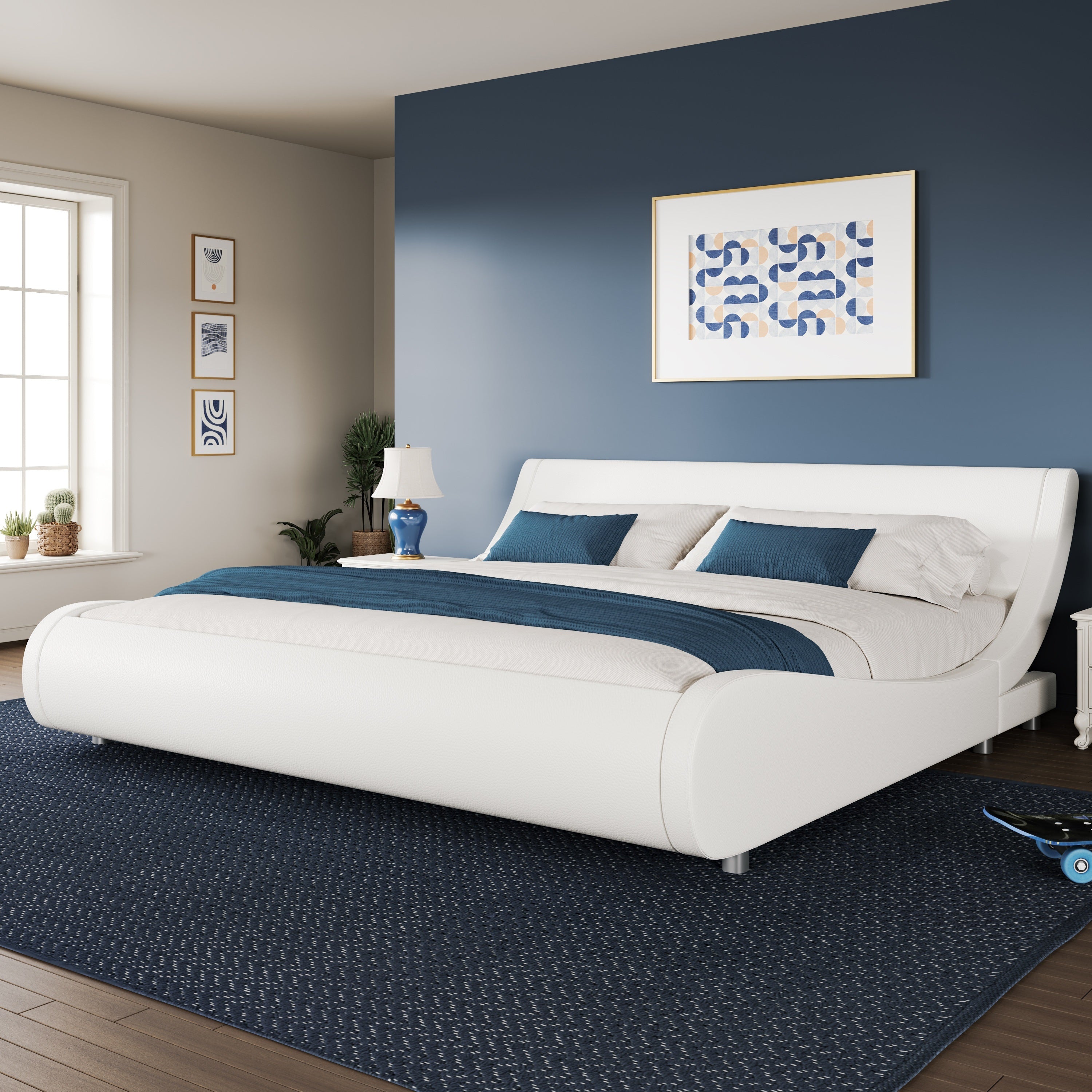 WEEWAY Modern Upholstered Platform Bed Frame, Faux Leather Sleigh Bed With Adjustable Headboard, Strong Wood Slats Support, No Box Spring Needed