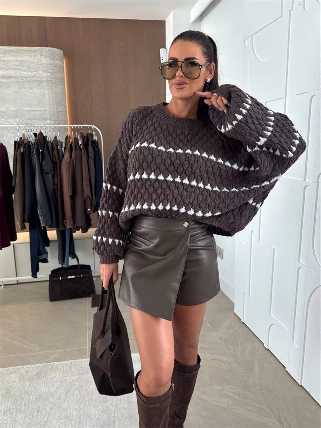 Chunky Knit Striped Sweater with Balloon Sleeves