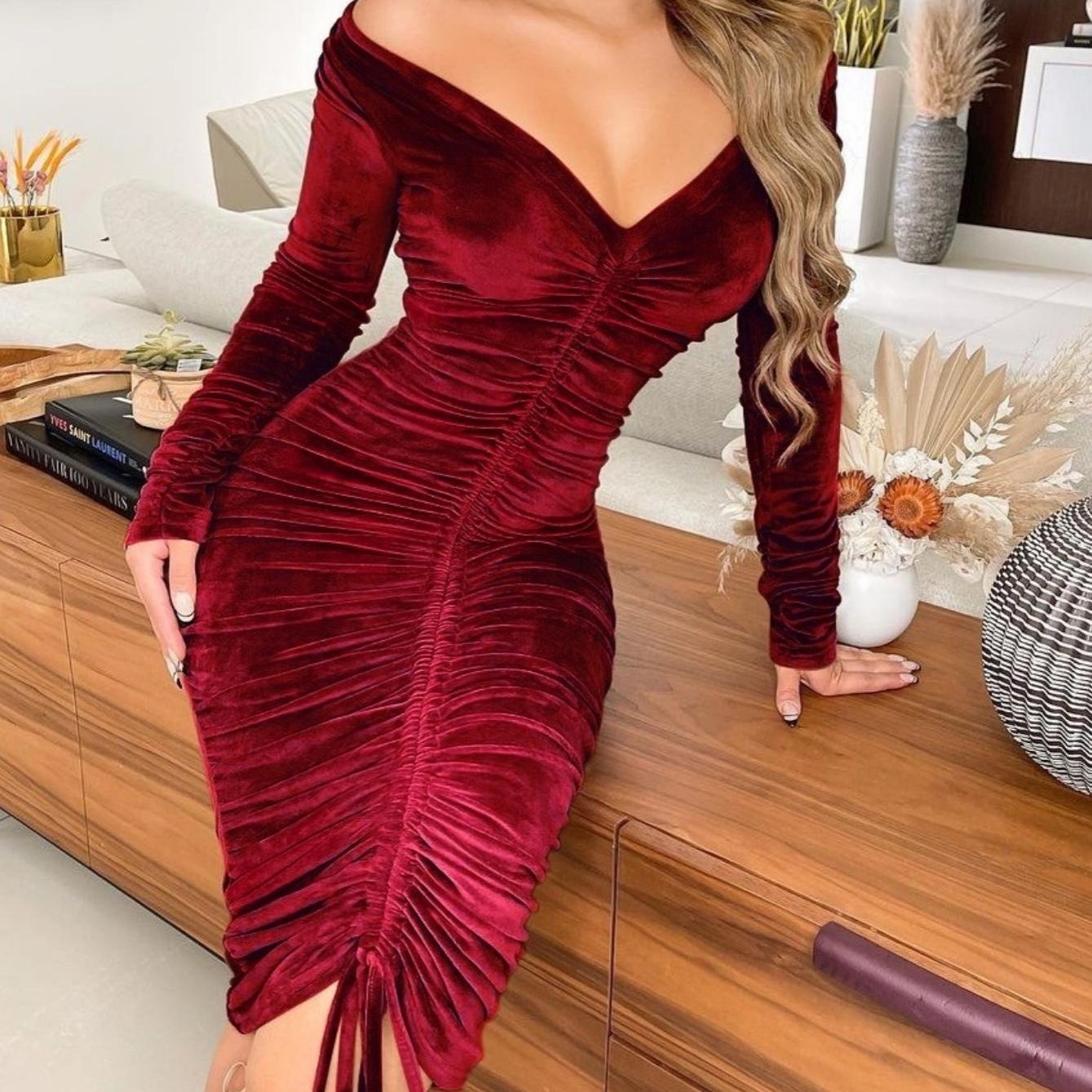 V Neck Off The Shoulder Velvet Ruched Mid-Length Dress