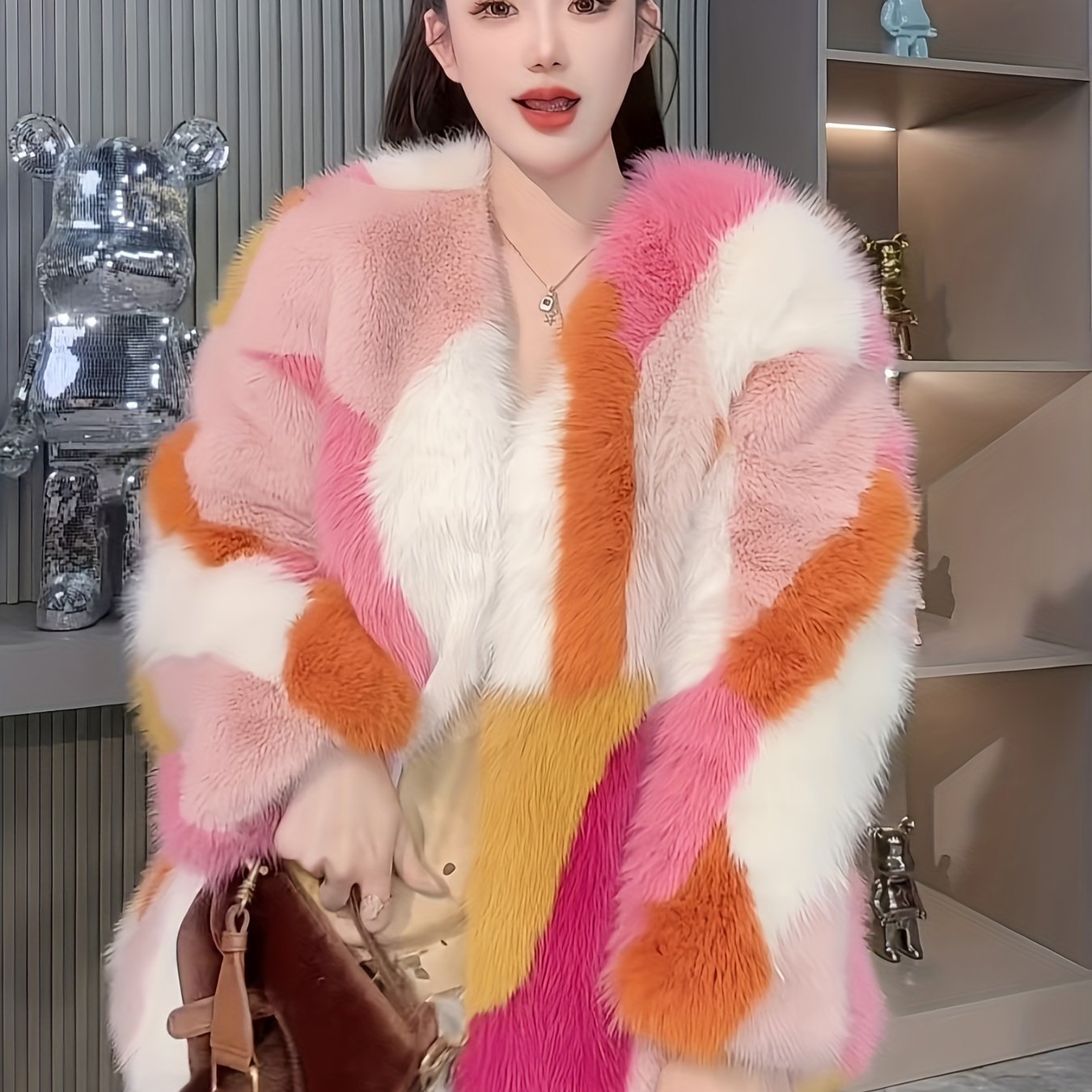 Rainbow Color Block Faux Fur Coat
