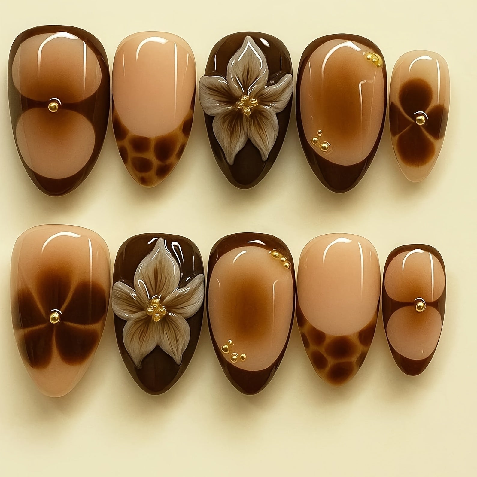 {10pcs} Beige/Brown Handmade Press-On Nails Full Set