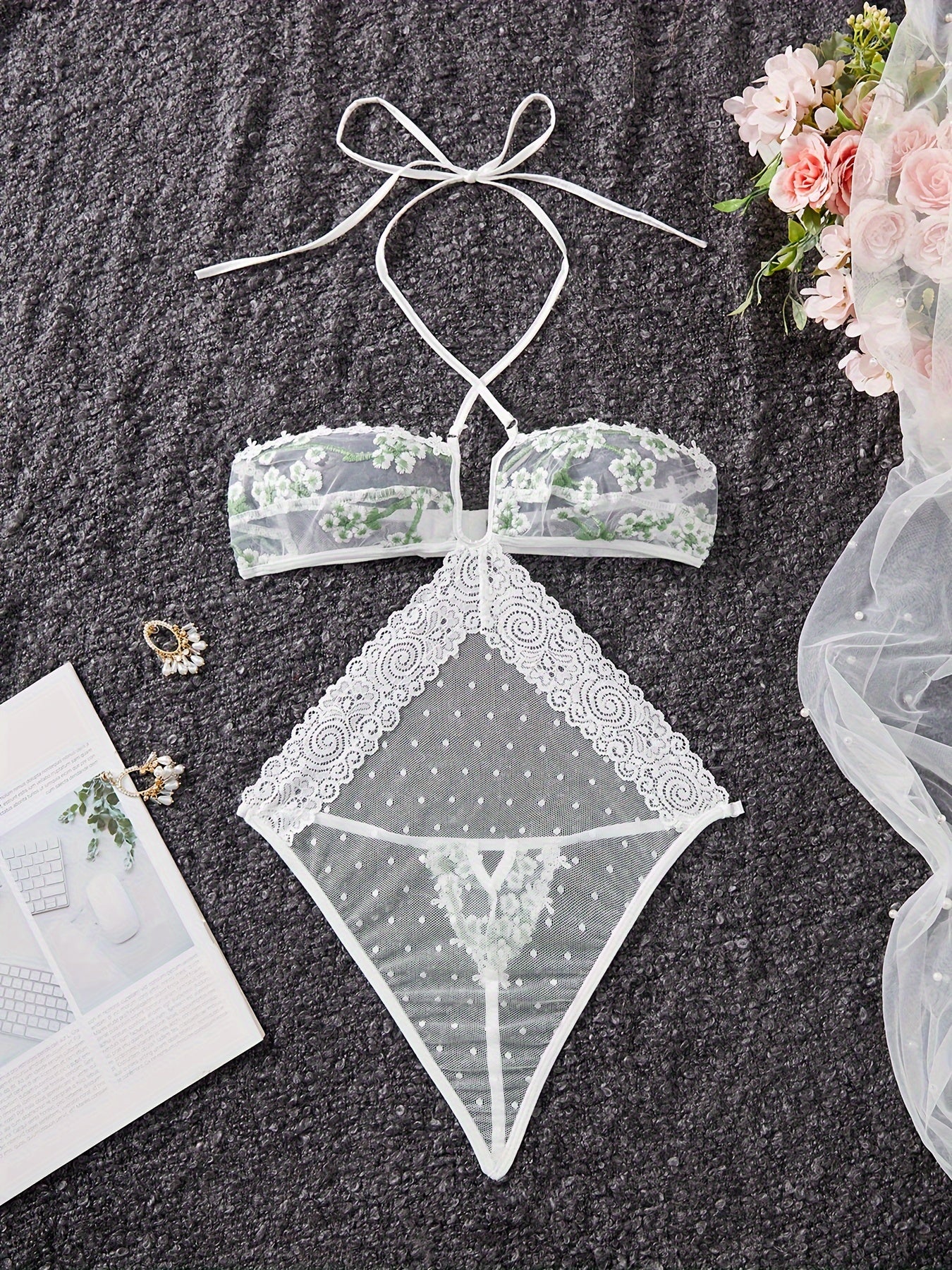 Lace and Mesh Embroidered Bodysuit with Ribbon Necktie