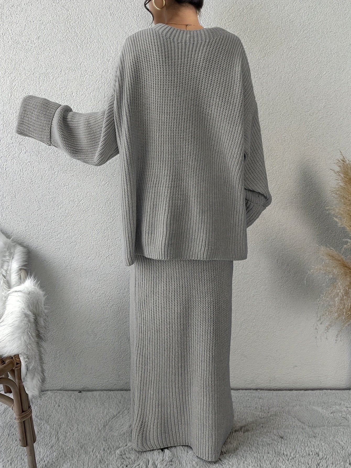 Drop Shoulder Ribbed Crew Neck Sweater Set and Maxi Dress