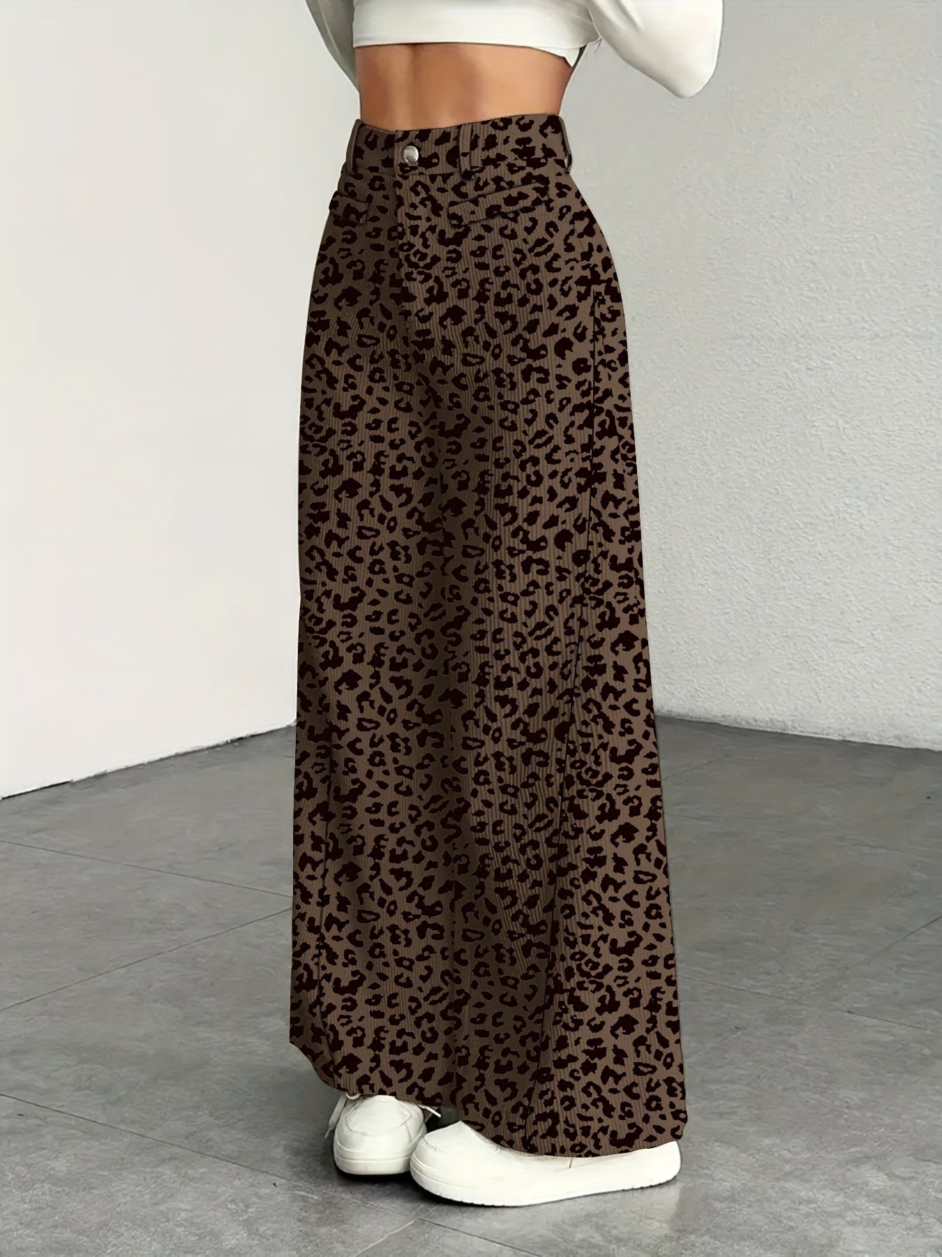 Leopard Print Corduroy High-Waisted Wide-Leg Pants