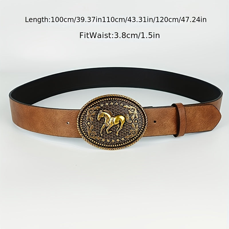 Brown Belt with Ornate Light Golden Horse & Reins Buckle