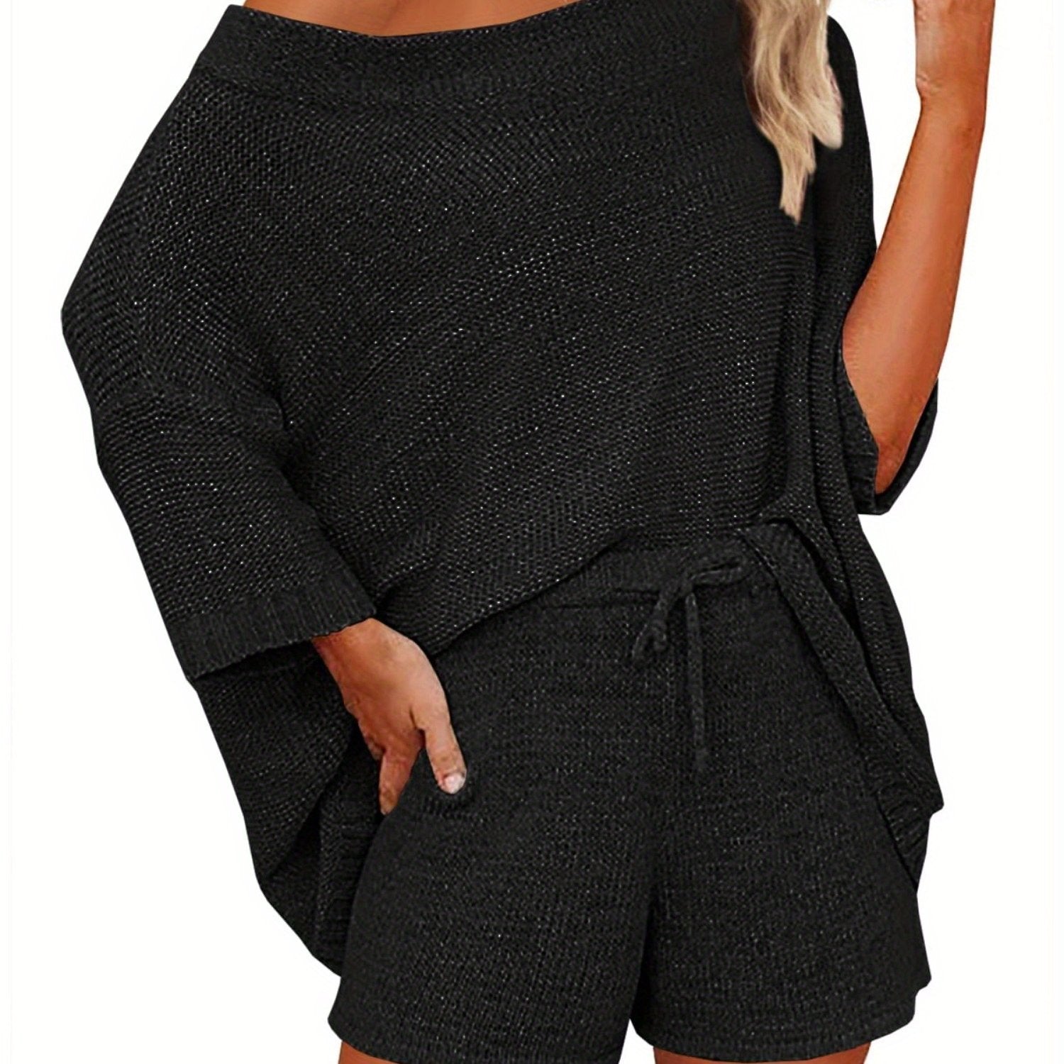 Women's 2pcs Outfits Sweater Sets Off Shoulder Knit Top Shorts Matching Suits Cute Pajama Lounge Set