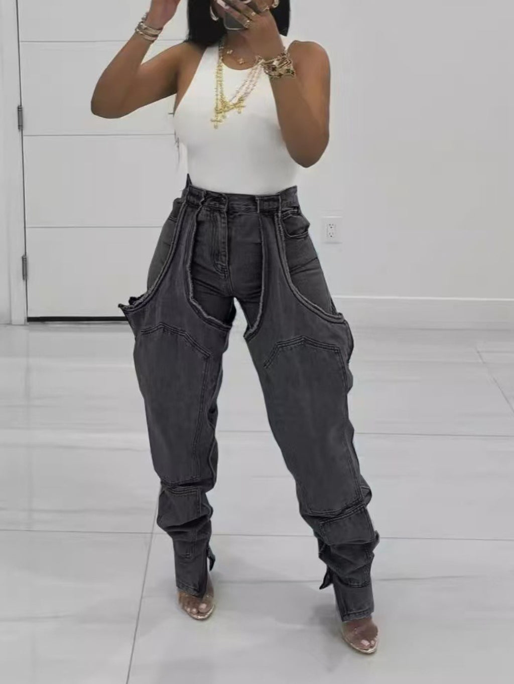 High-Waisted Distressed Jeans