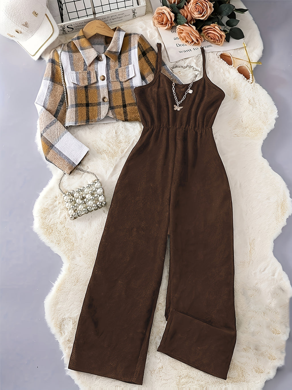 2025 New Elegant Vacation Style: Plaid Printed Button Top with Solid Color Ribbed Camisole Jumpsuit Set