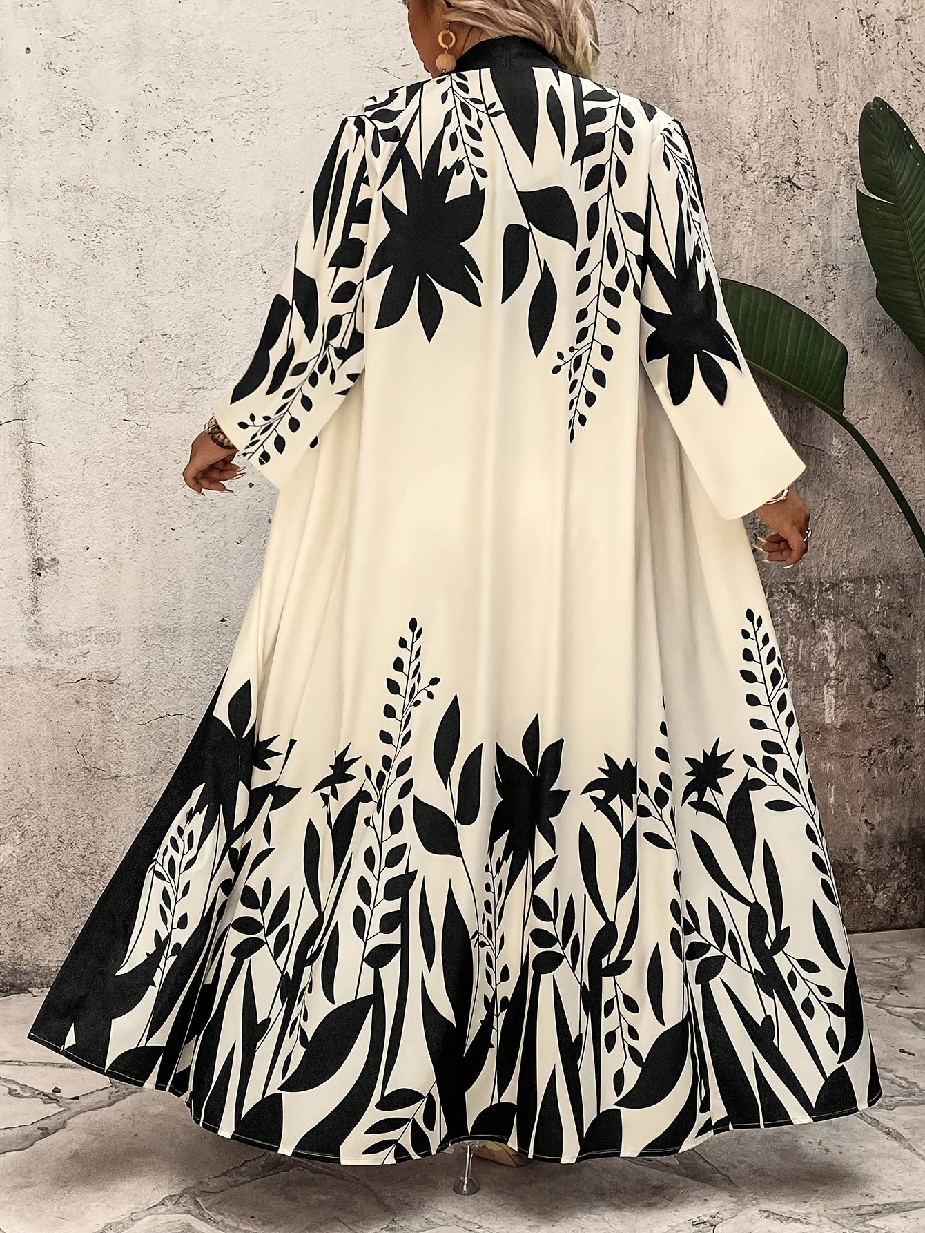 Tropical Leaf Print Maxi Coat & Wide-Leg Pants Set