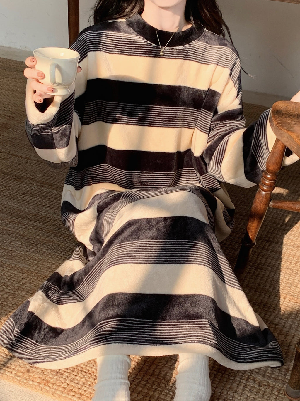 Stripe Print Casual Fleece Sleepwear Dress