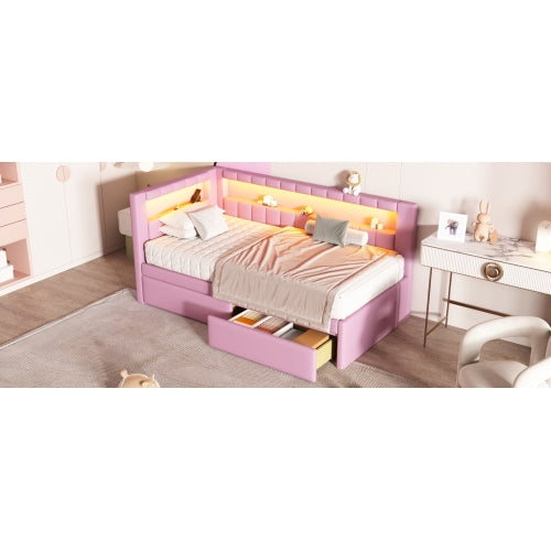 Modern White Upholstered Twin Size Platform Bed with USB Ports & RGB LED