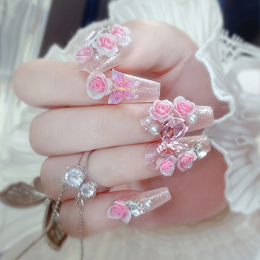 {24pcs} Spring 3D Pink Rose Fake Nails