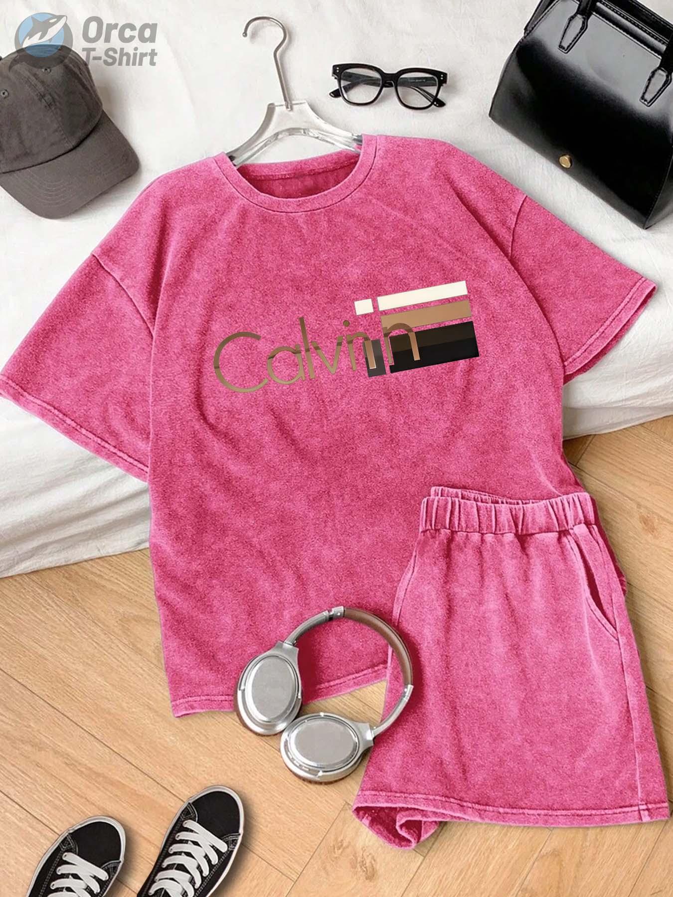 Men's & Women's 230g Heavyweight 100% T-Shirt - Vintage Washed Oversized Short Sleeve Round Neck Pink Tee with Logo-Like Horizontal Stripe Print (Beige//Maroon) - Soft Breathable Casual Summer Top, Locally Shipped, Women Two