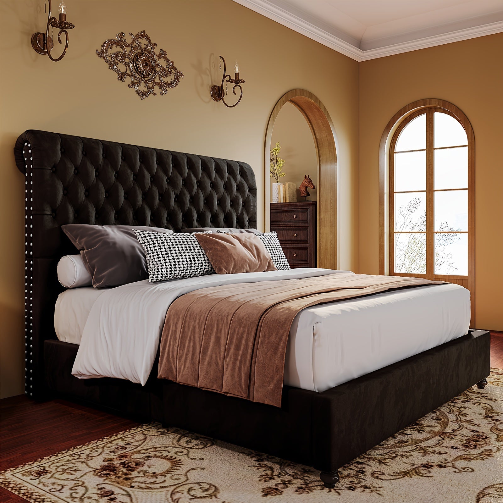 Velvet Bed Frame with Button Tufted 52.8" Tall Sleigh Headboard