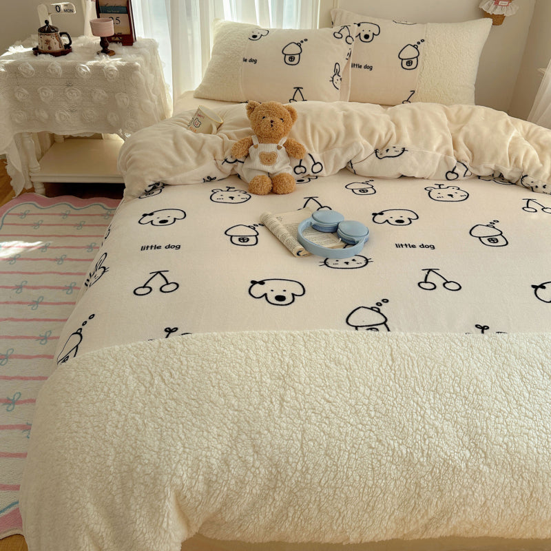 {3/4pcs} Cartoon Lambskin + Milk Velvet Set