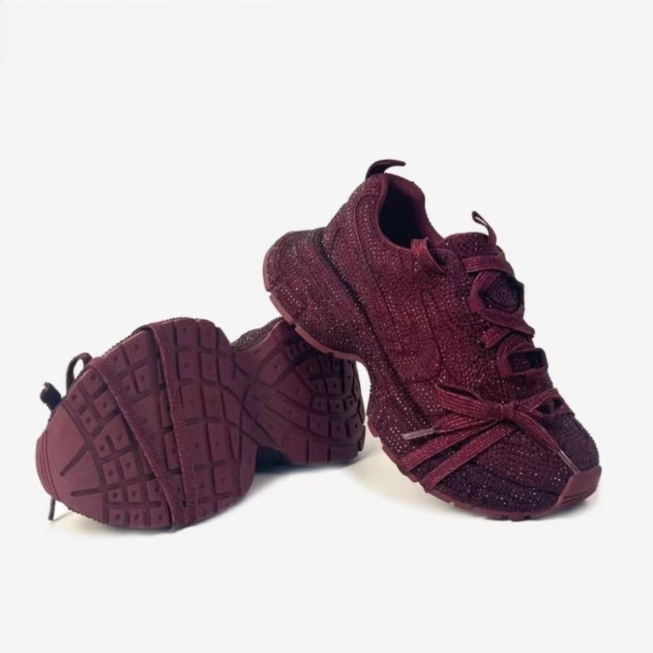 Rhinestone-Adorned Thick-Soled Dad Sneakers