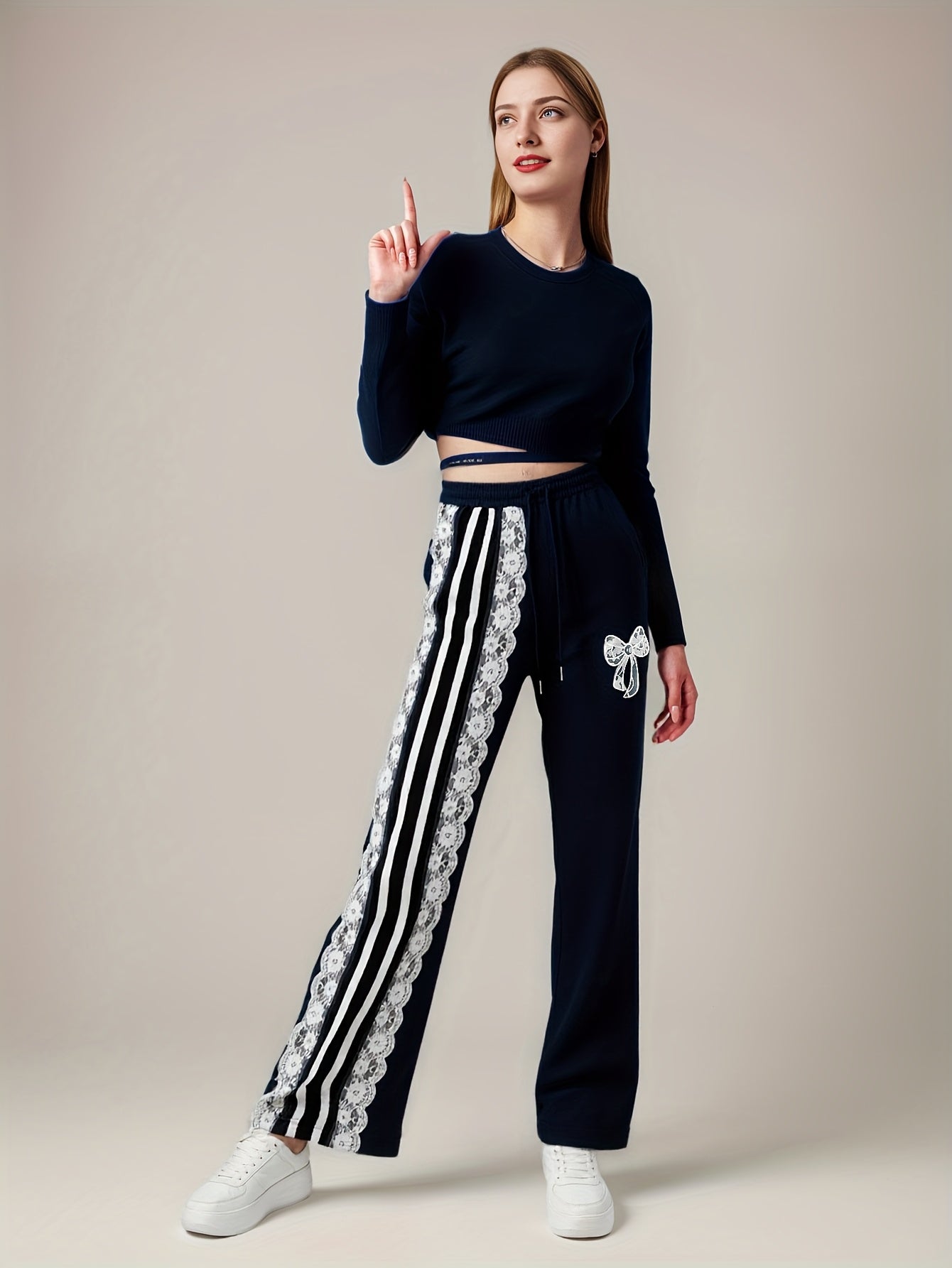 Wide-Leg Pants with Contrast Lace Trim & Pockets