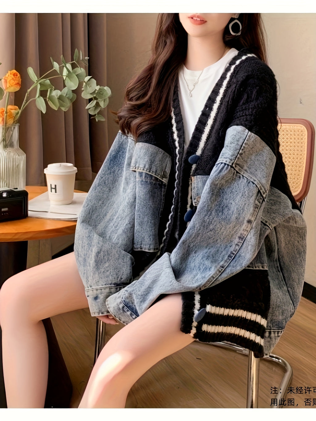 Oversized Light Gray & Blue Contrast Batwing Cardigan