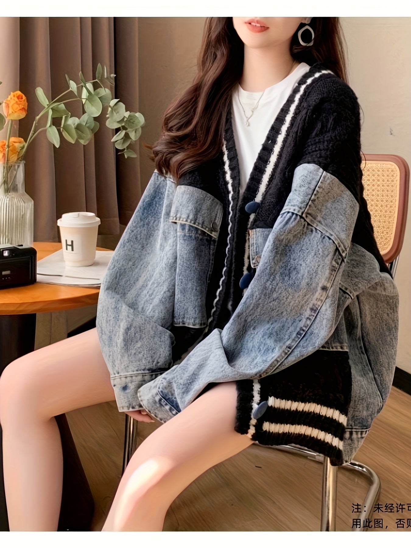 Oversized Light Gray & Blue Contrast Batwing Cardigan