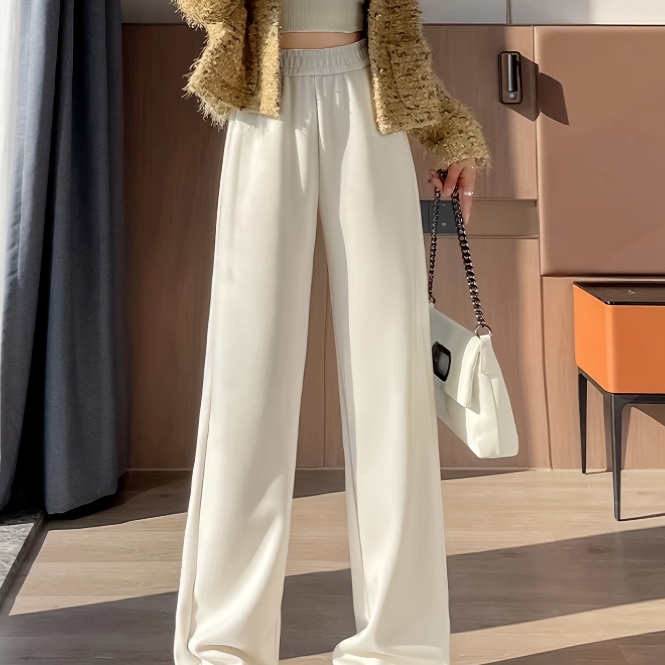 Women'S High-Waisted Wide-Leg Pants - Thick, Comfortable, and Stylish for All Seasons, Casual Straight-Leg Trousers with Elastic Waistband, Solid Color, All-Season Wear, Comfortable Fashion | Straight Leg Pants | Polyester Fa