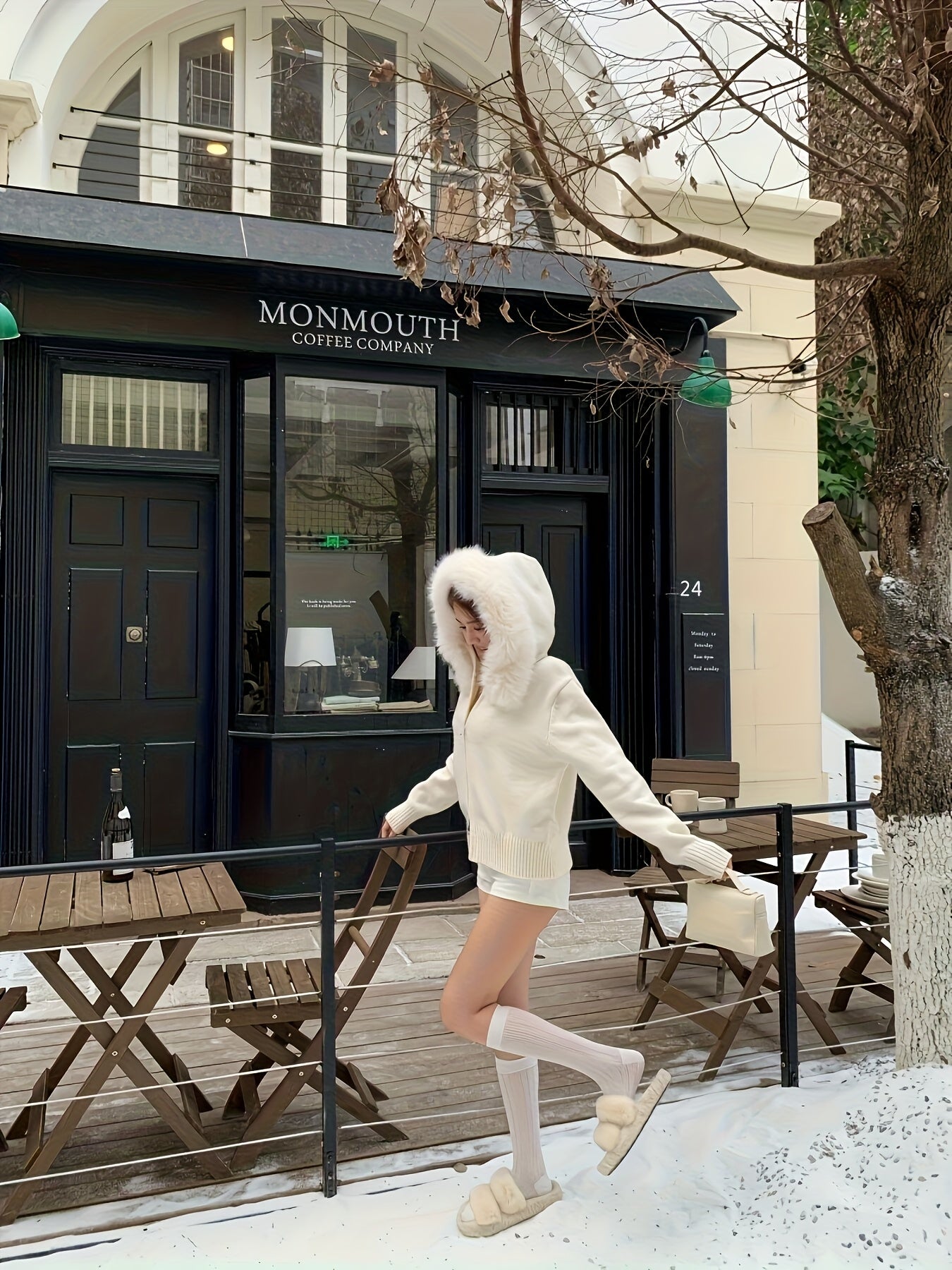 Hooded Zip-Up Cardigan with Faux Fur Trim