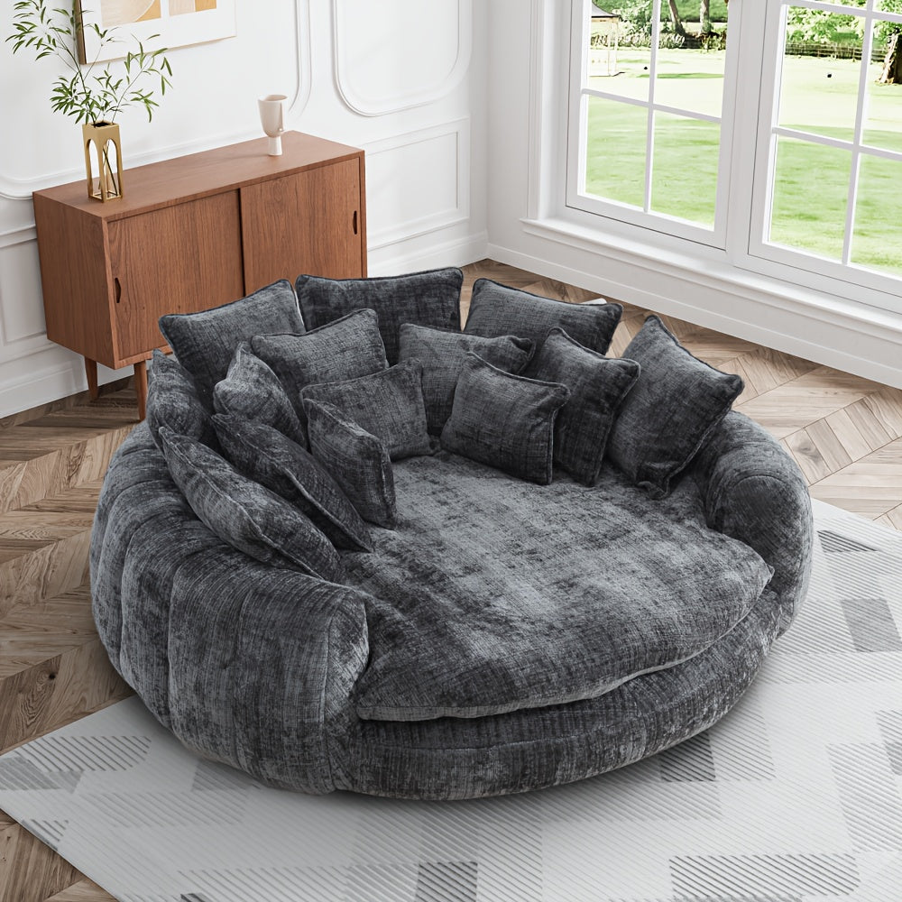 81" Upholstered Chenille Round Sofa Bed with Plush Fluffy Cushion