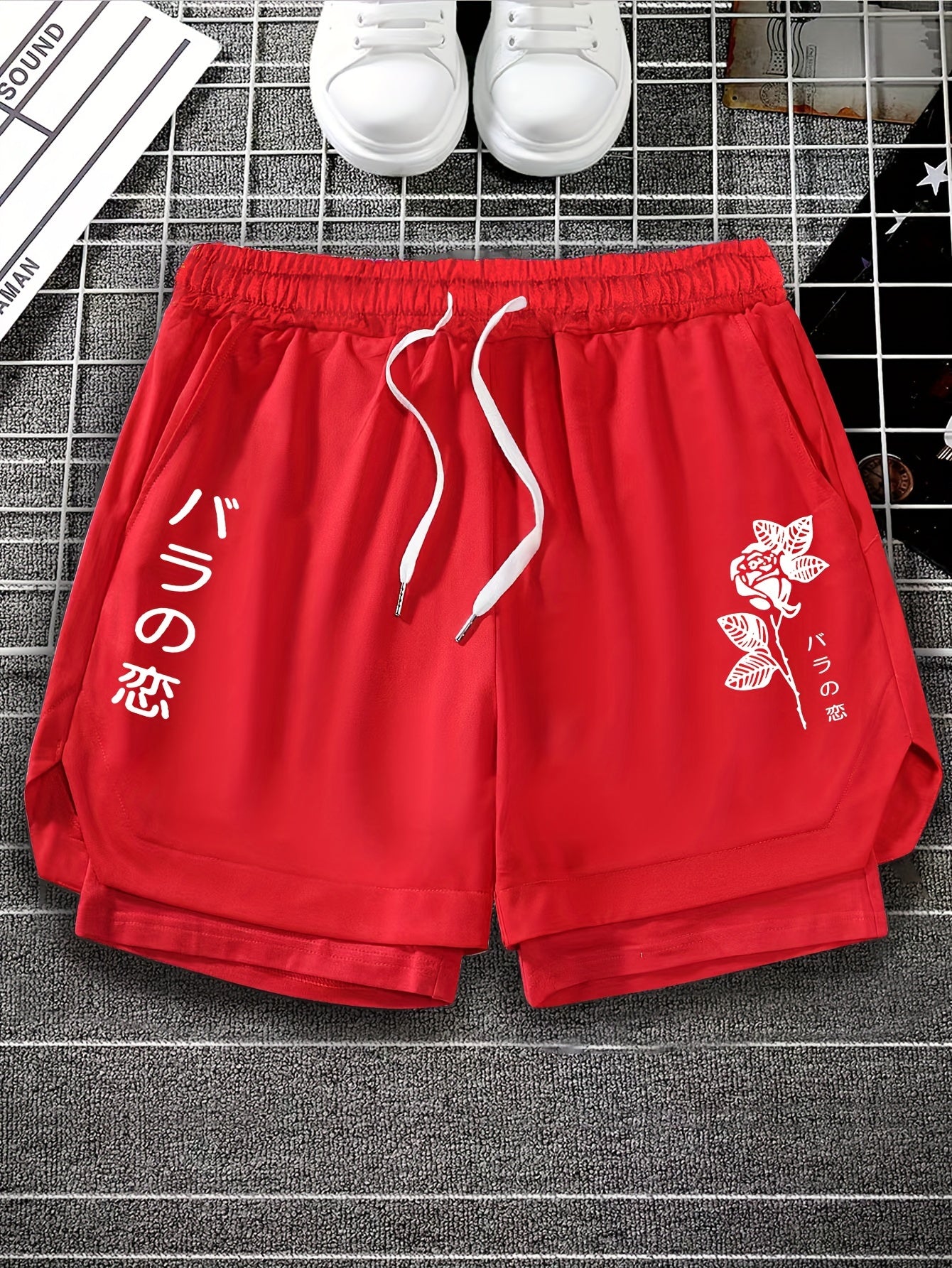 Summer Men's Casual Sports Shorts With Double-layer Design, Running Shorts, Star Style, Casual Style, Boutique Sports Shorts With Pockets, Drawstring, Letter Printed Shorts