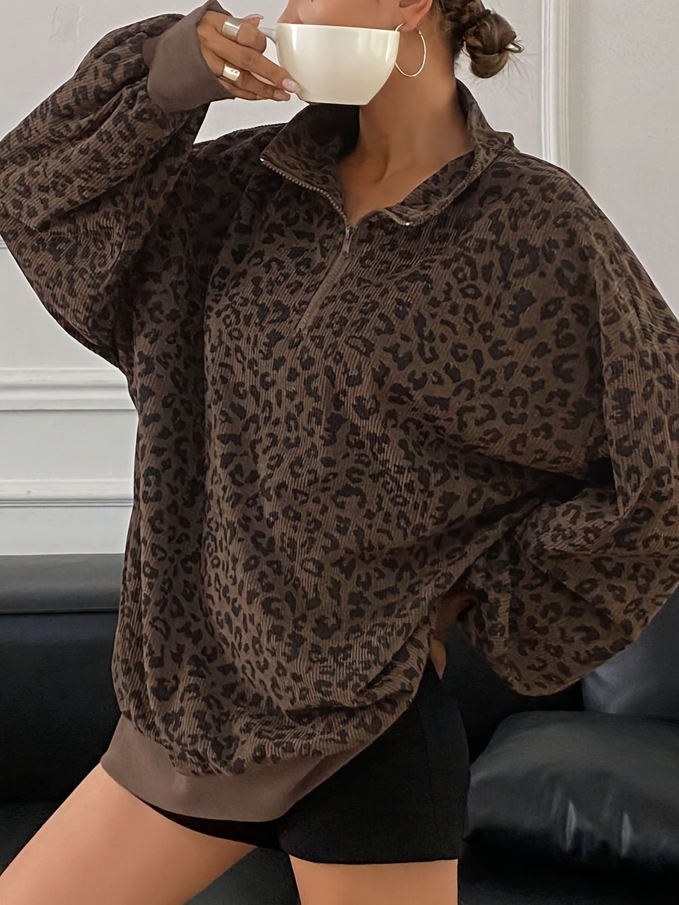 Leopard Print Half-Zip Sweatshirt