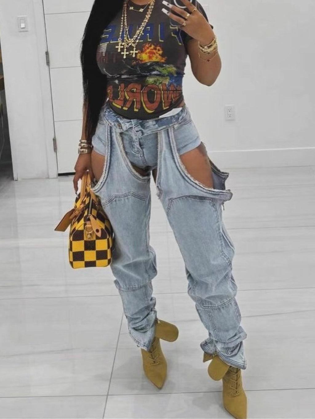 High-Waisted Distressed Jeans