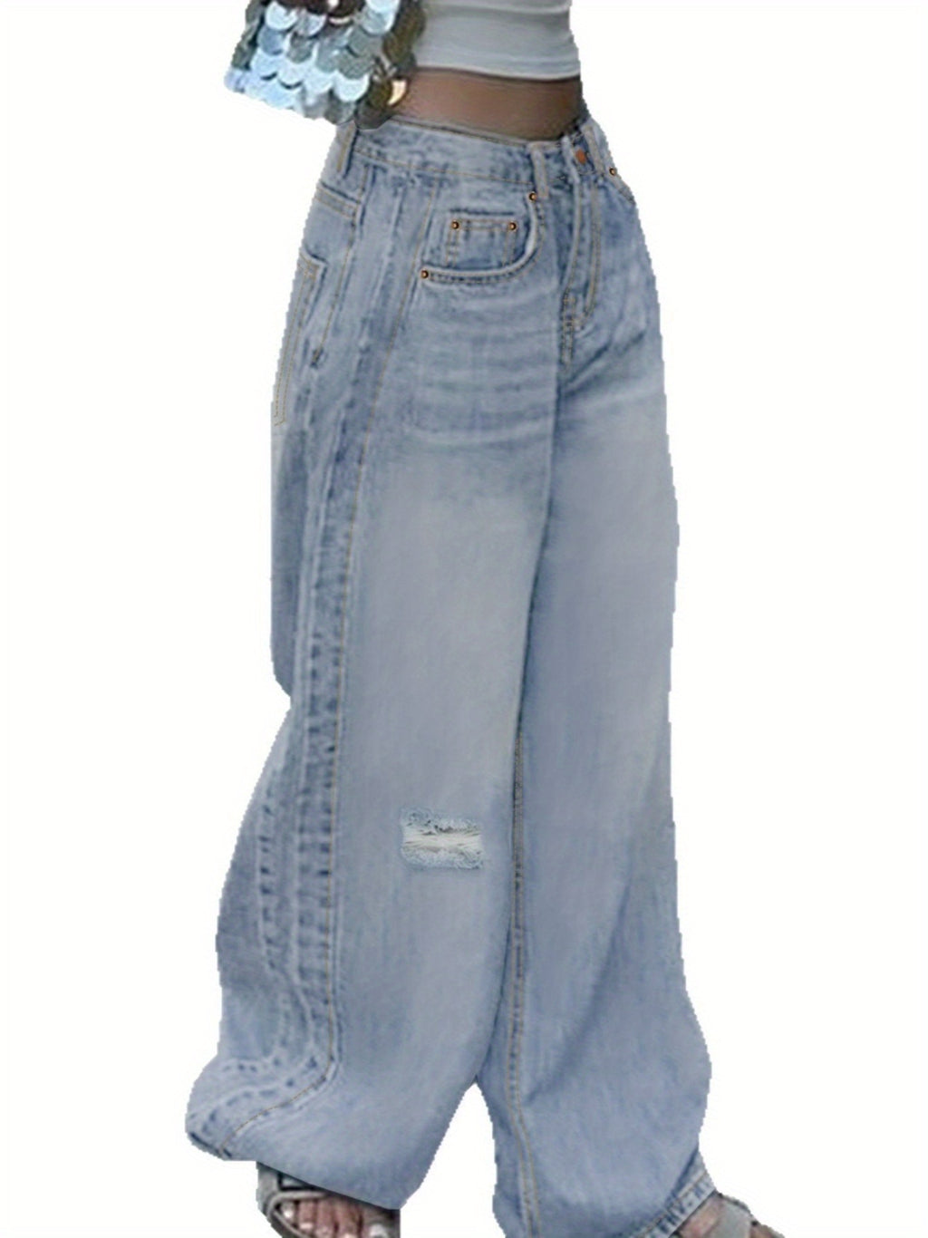 Slashed Straight Light Blue Jeans