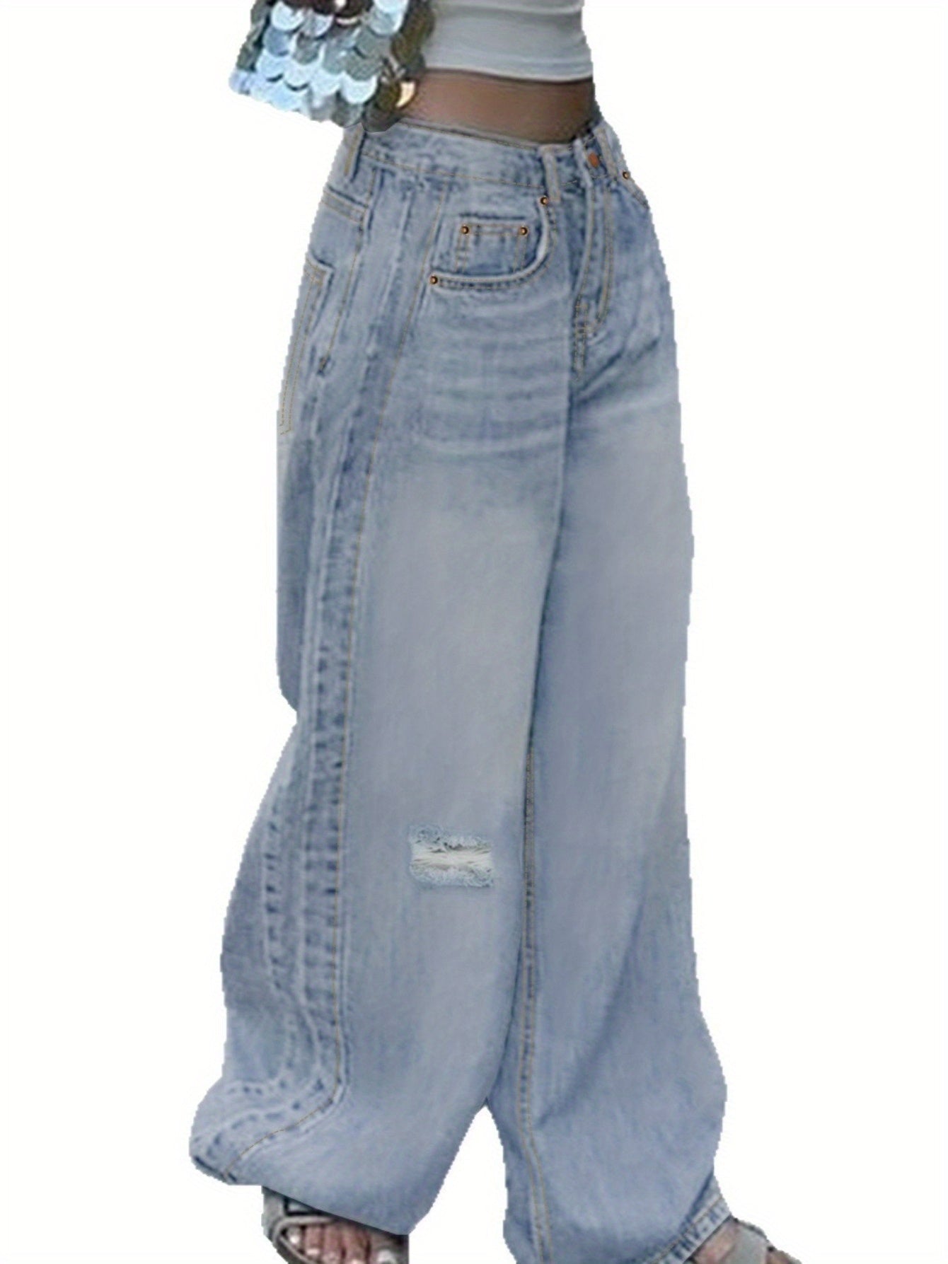 Slashed Straight Light Blue Jeans